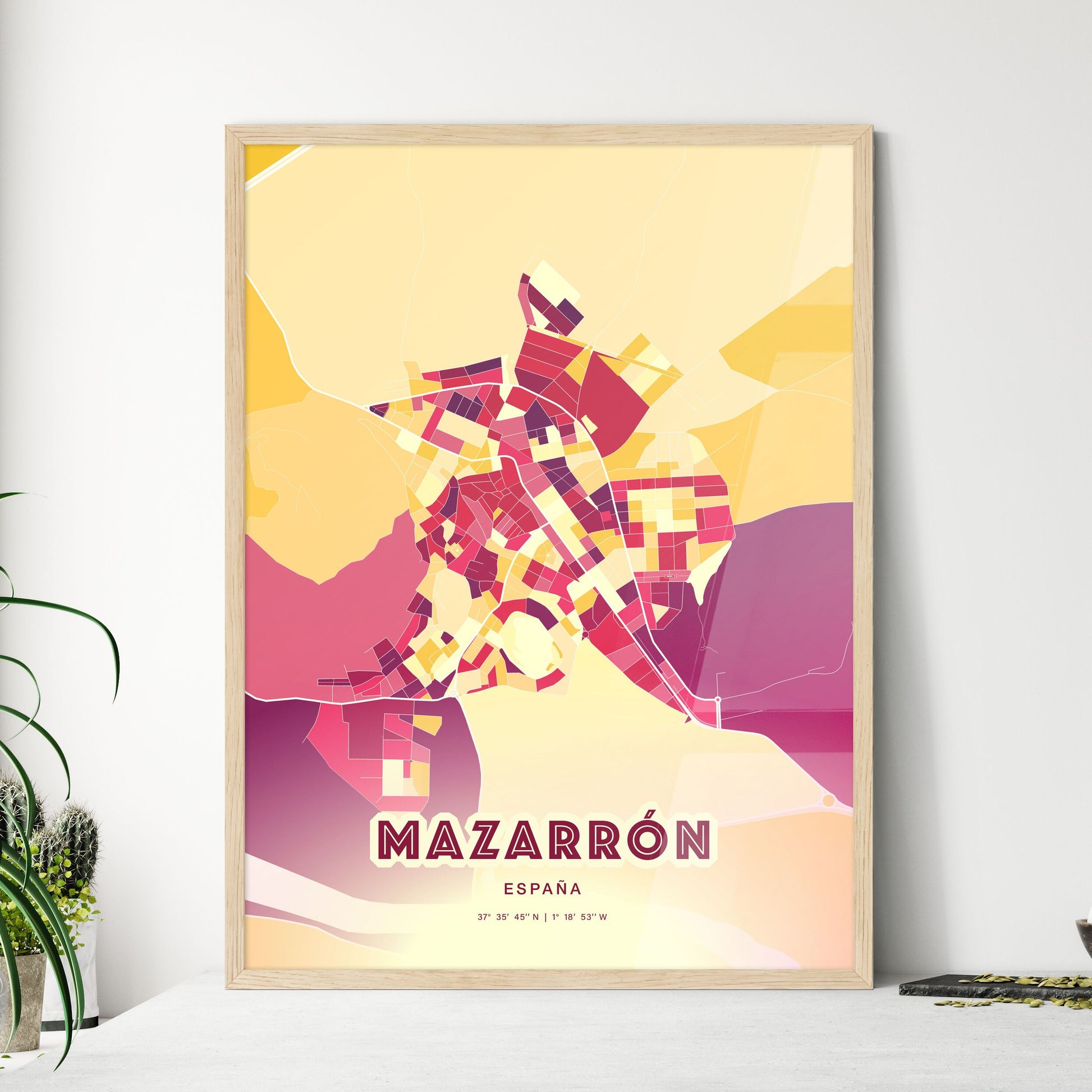 Colorful MAZARRÓN SPAIN Fine Art Map Hot Red