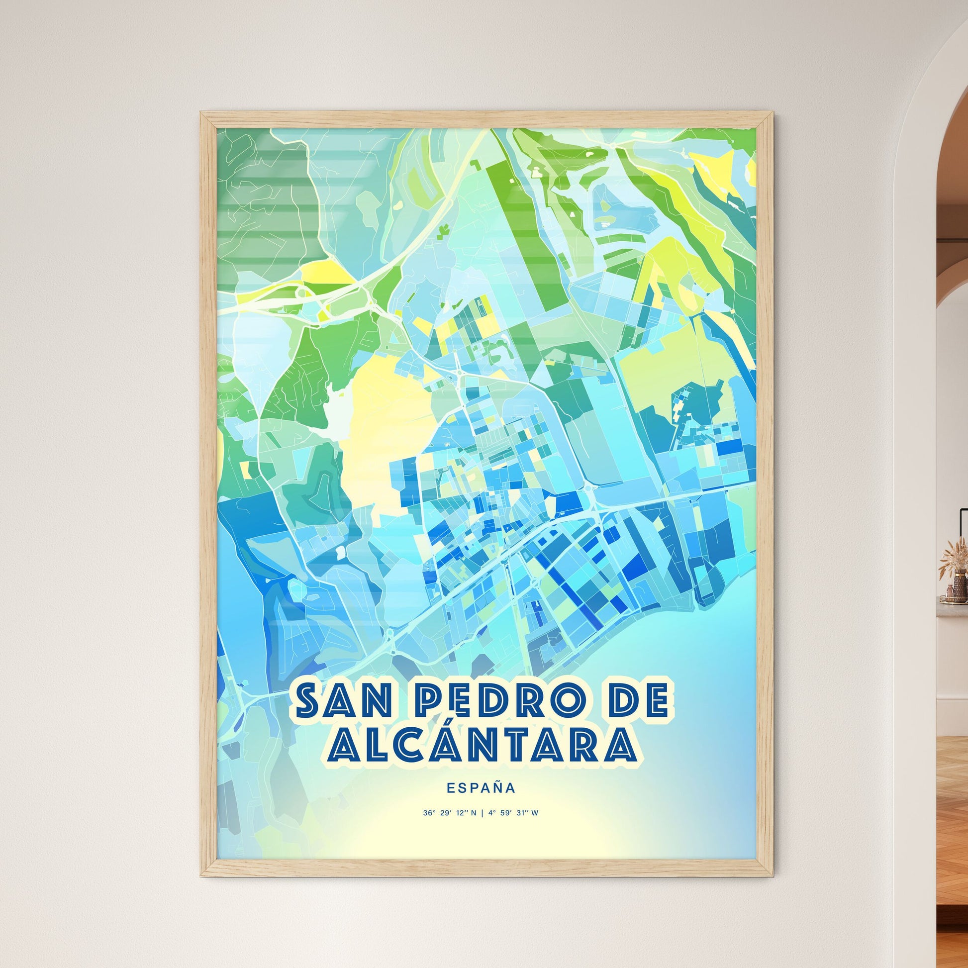 Colorful SAN PEDRO DE ALCÁNTARA SPAIN Fine Art Map Cool Blue