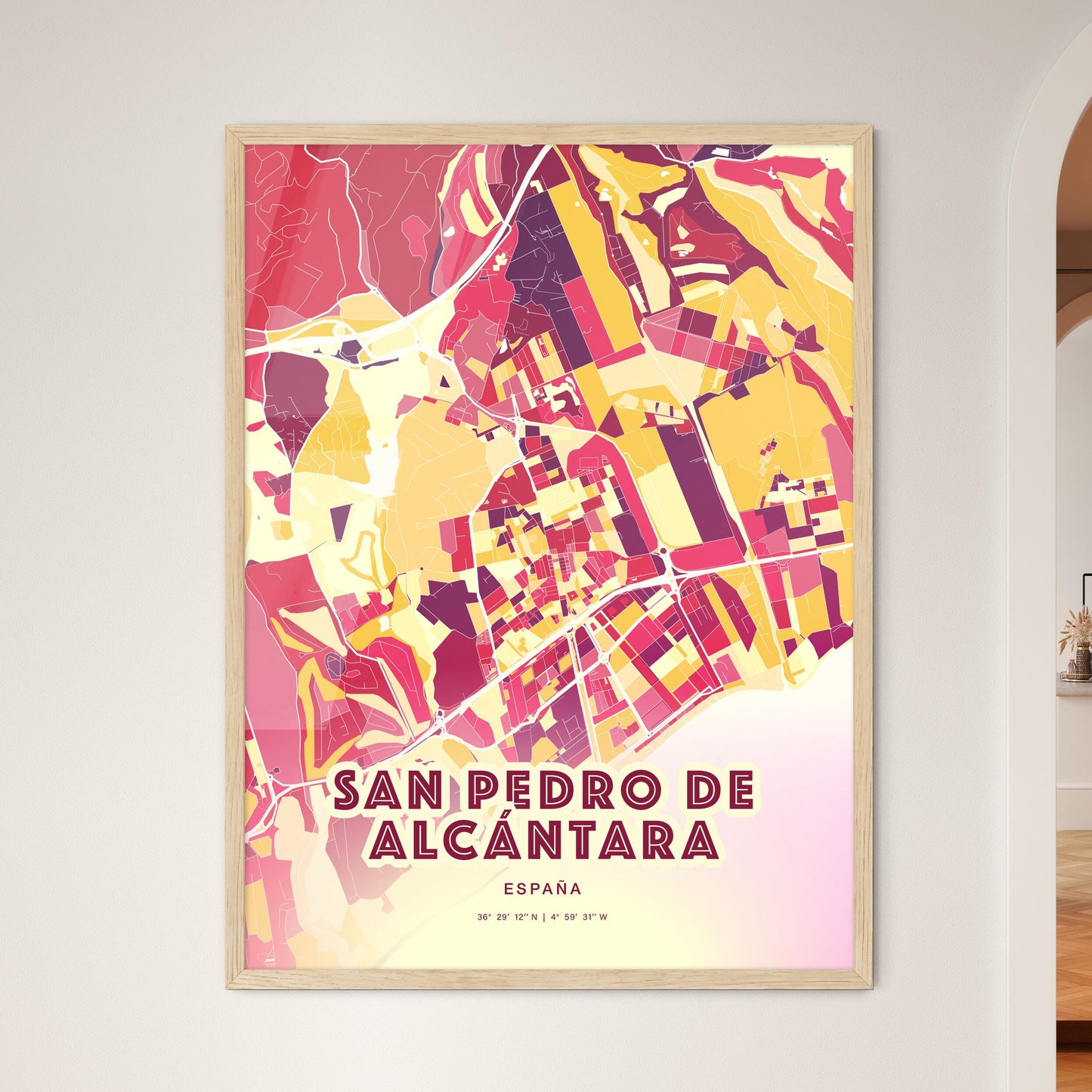 Colorful SAN PEDRO DE ALCÁNTARA SPAIN Fine Art Map Hot Red