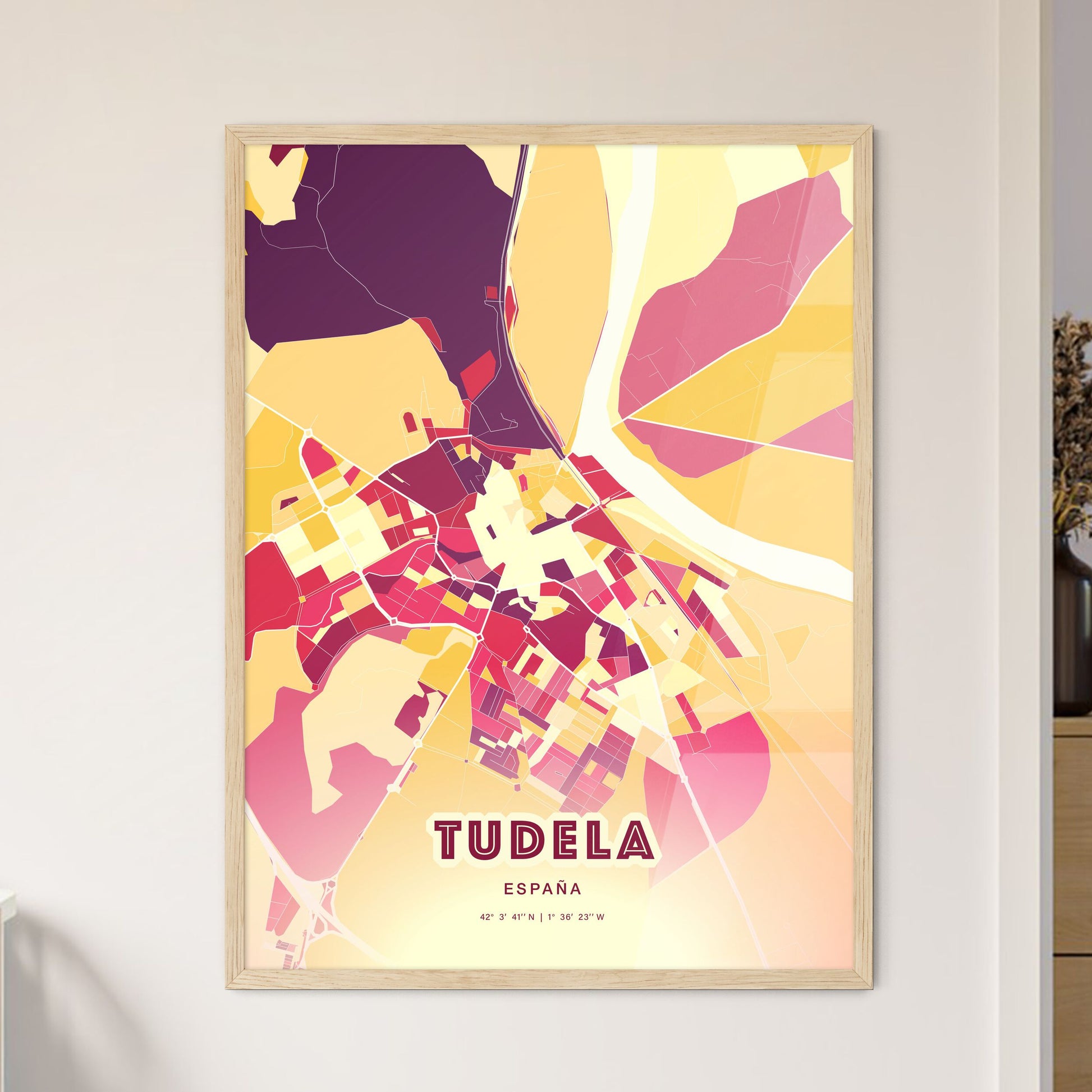 Colorful TUDELA SPAIN Fine Art Map Hot Red