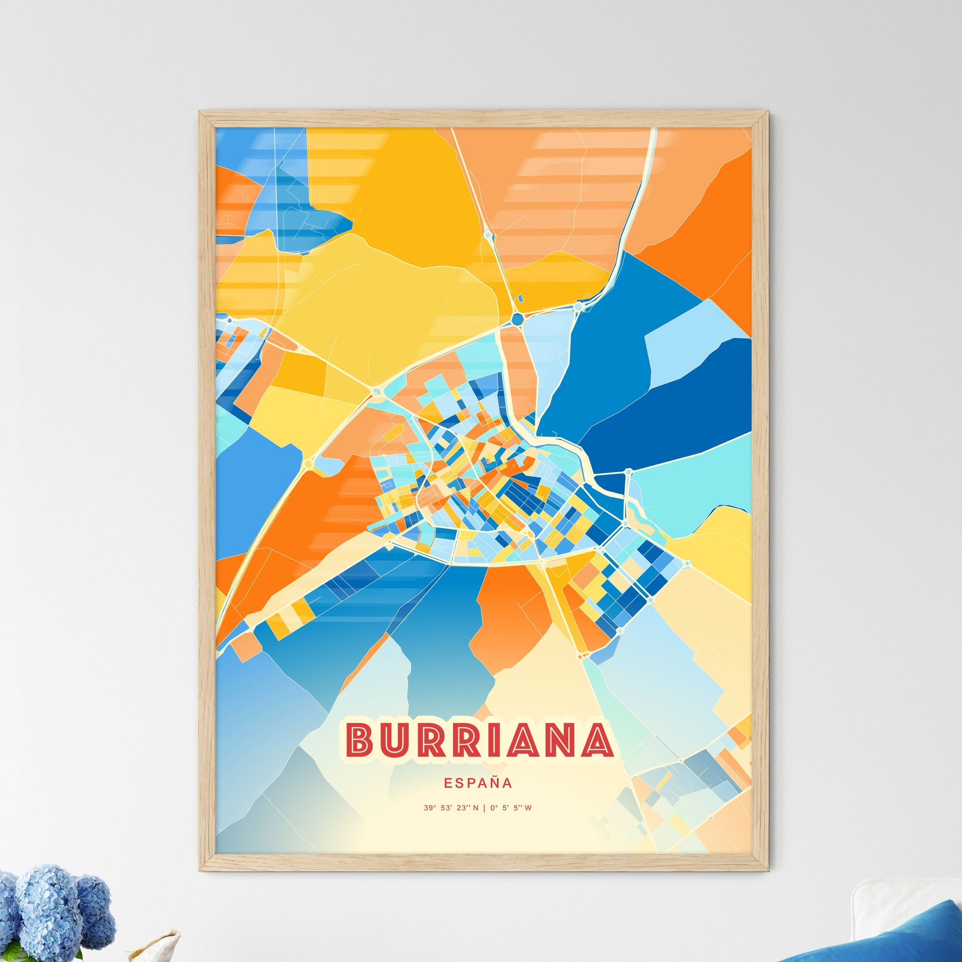 Colorful BURRIANA SPAIN Fine Art Map Blue Orange