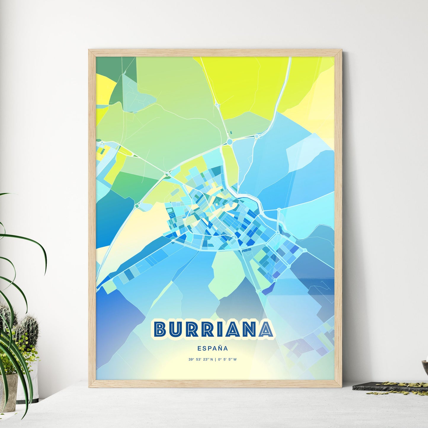 Colorful BURRIANA SPAIN Fine Art Map Cool Blue