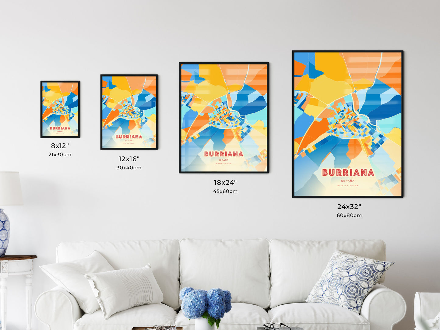 Colorful BURRIANA SPAIN Fine Art Map Blue Orange