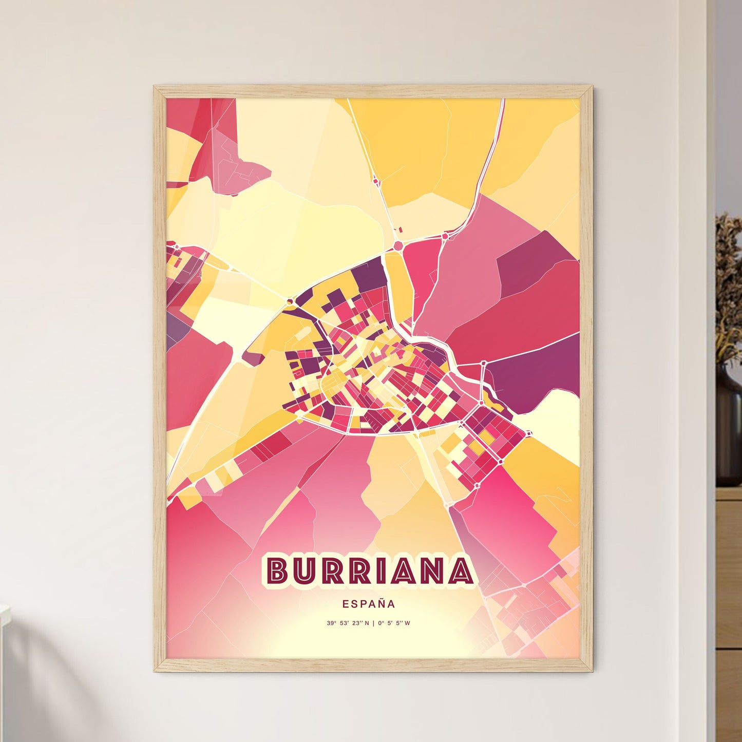 Colorful BURRIANA SPAIN Fine Art Map Hot Red