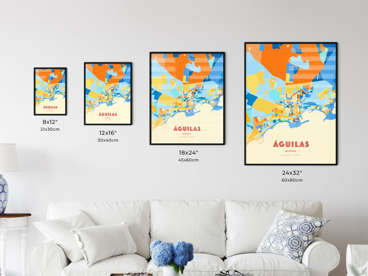 Colorful ÁGUILAS SPAIN Fine Art Map Blue Orange