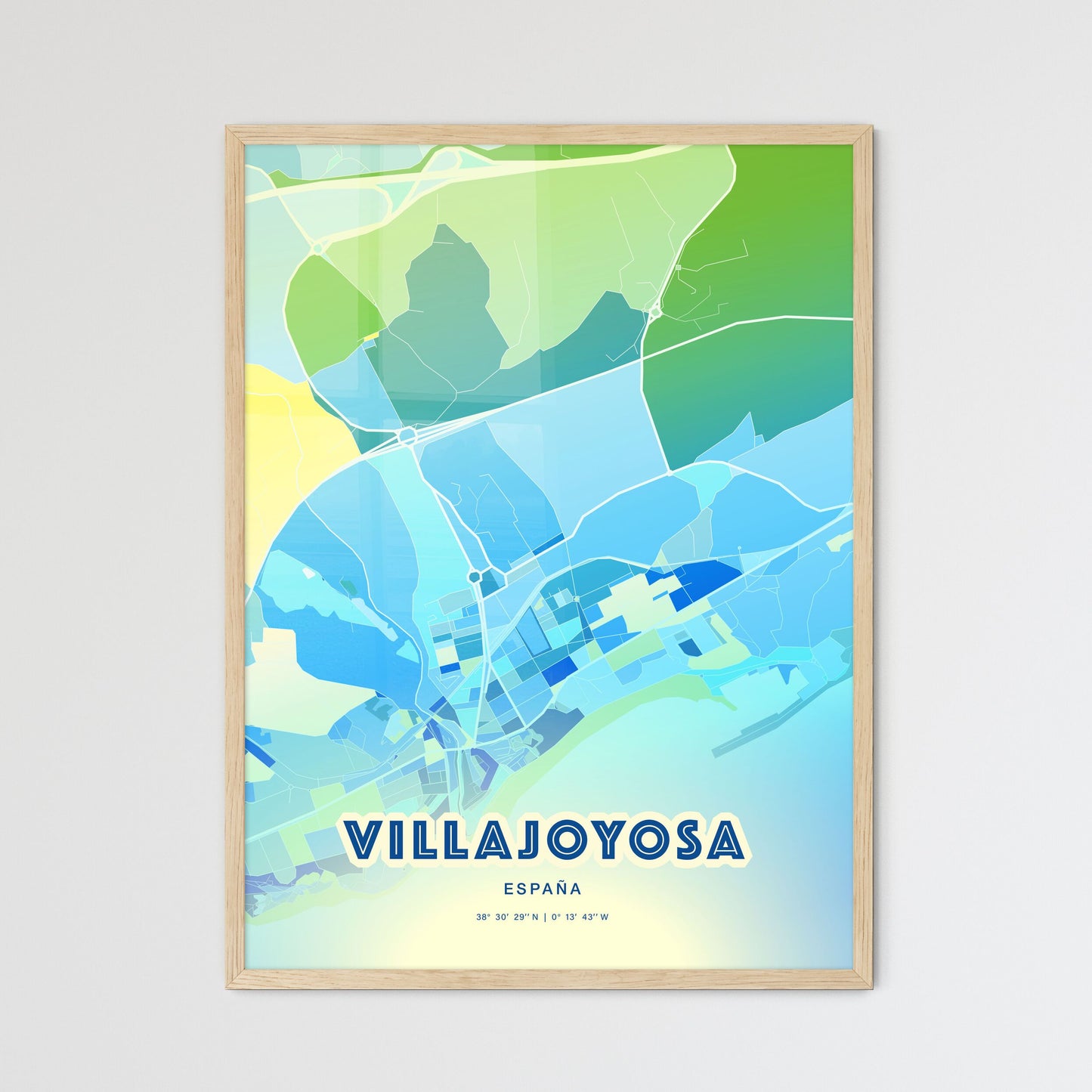 Colorful VILLAJOYOSA SPAIN Fine Art Map Cool Blue