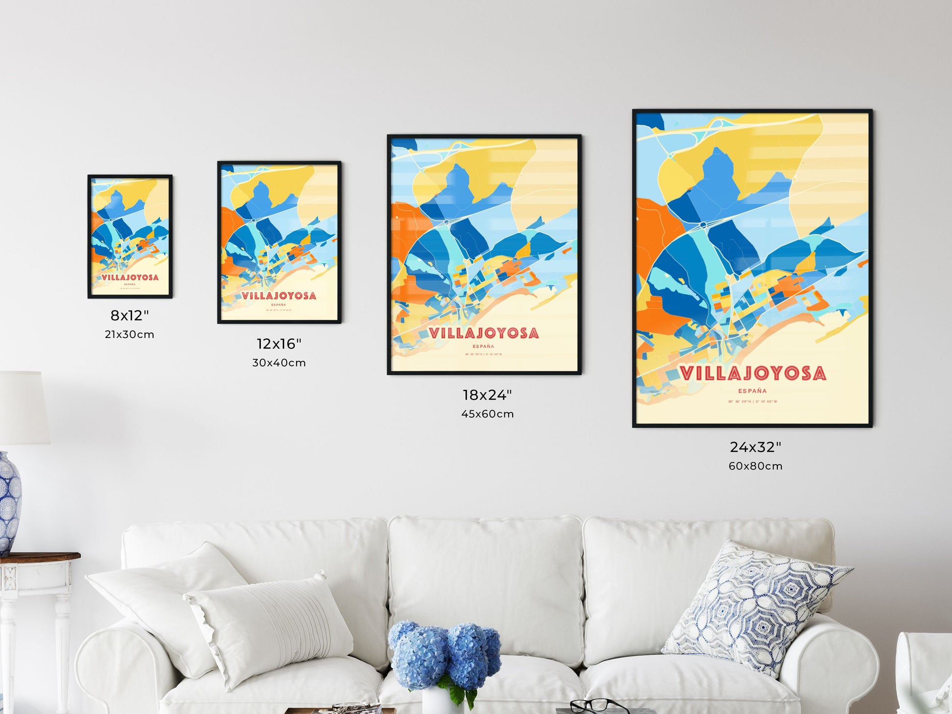 Colorful VILLAJOYOSA SPAIN Fine Art Map Blue Orange