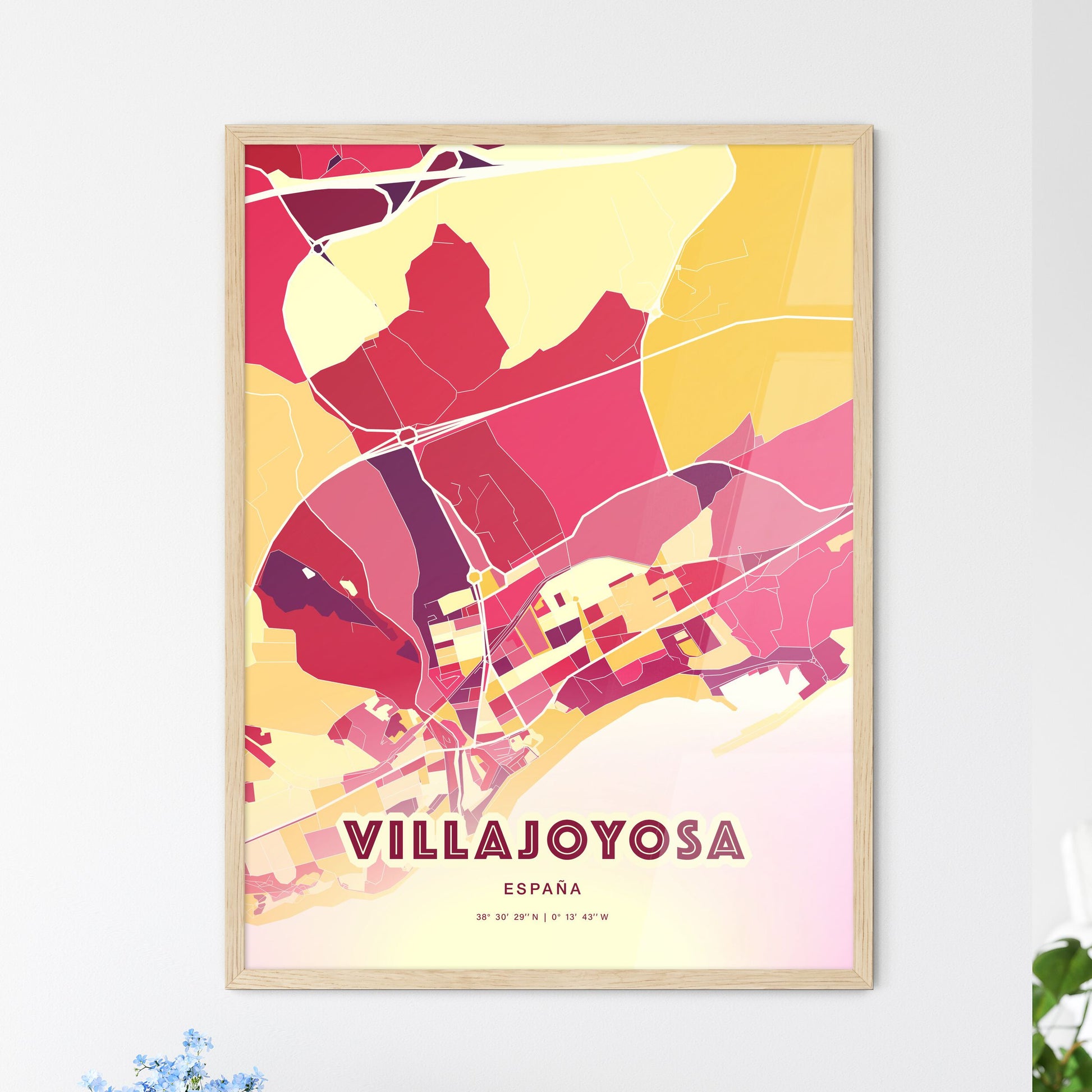 Colorful VILLAJOYOSA SPAIN Fine Art Map Hot Red