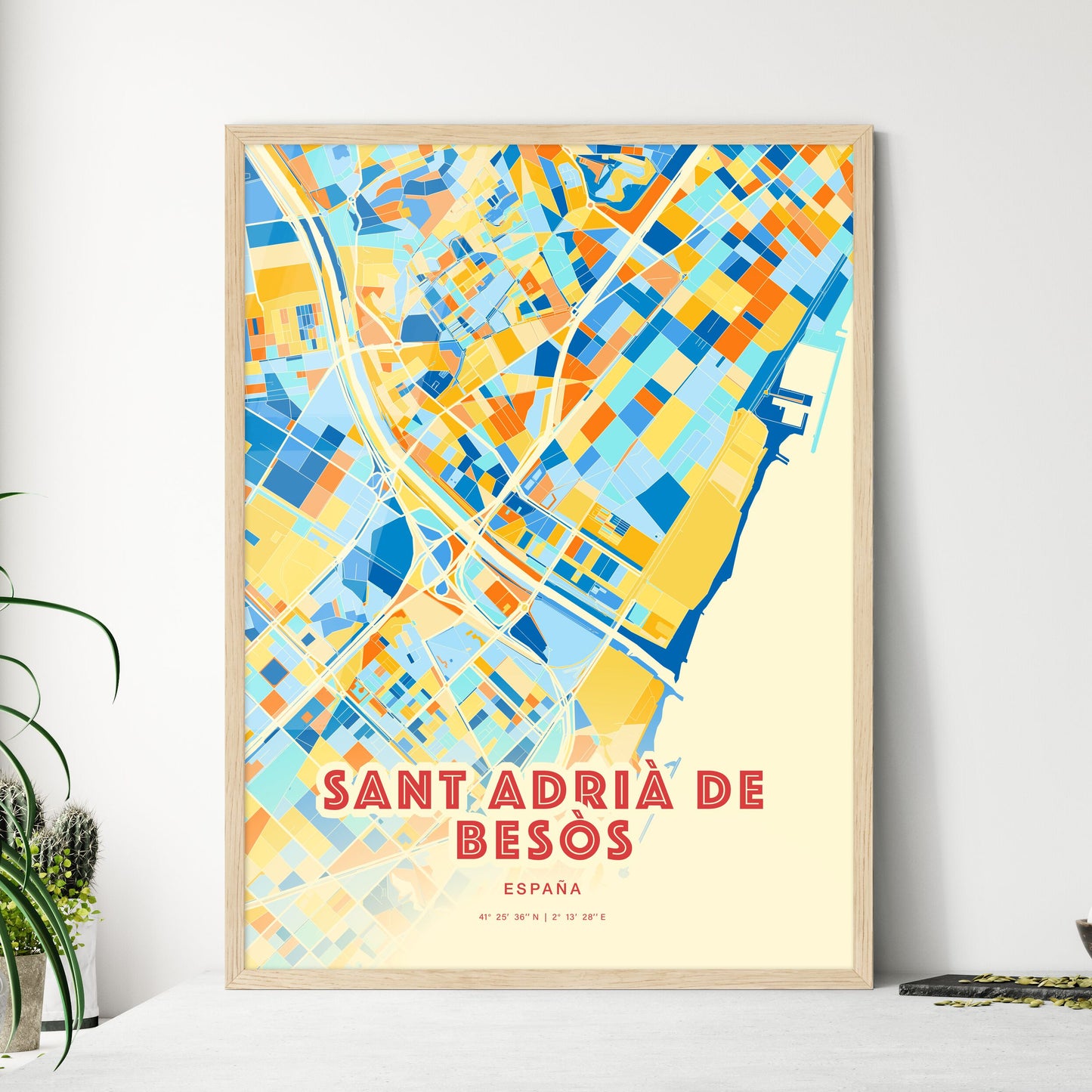 Colorful SANT ADRIÀ DE BESÒS SPAIN Fine Art Map Blue Orange