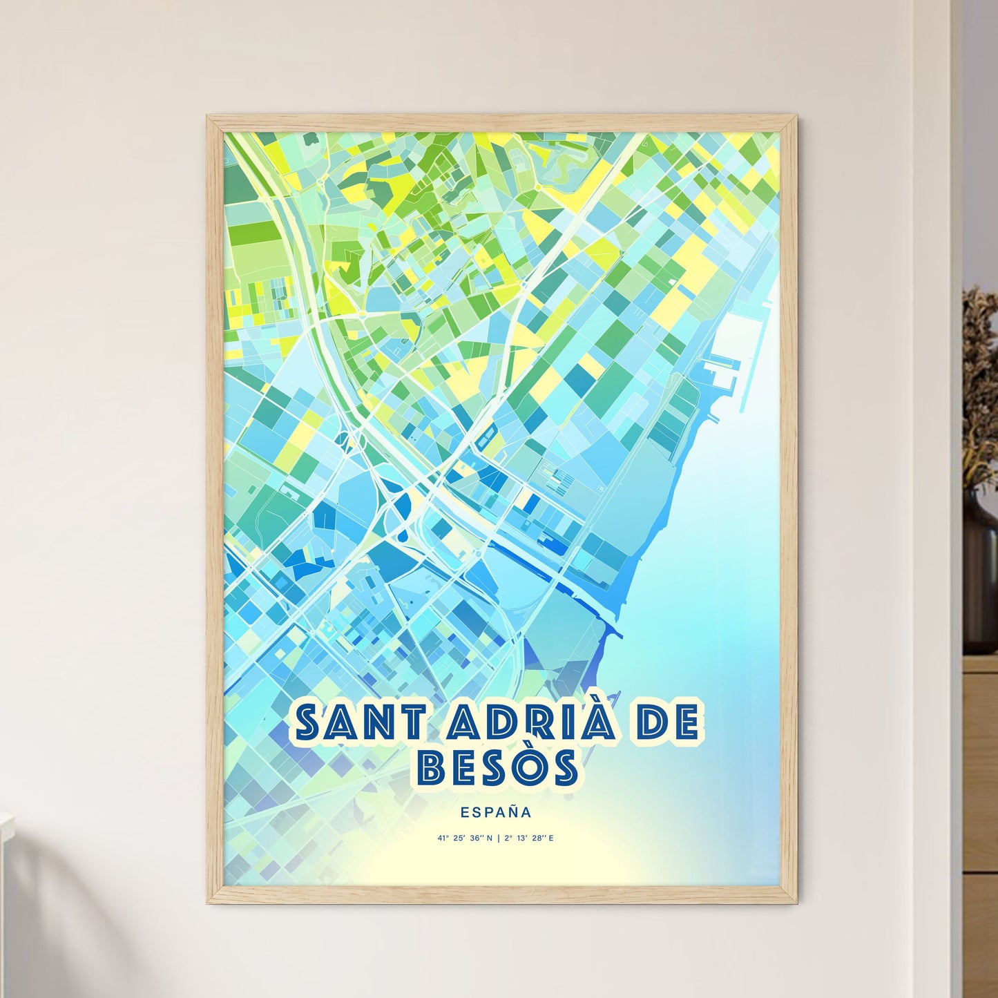 Colorful SANT ADRIÀ DE BESÒS SPAIN Fine Art Map Cool Blue