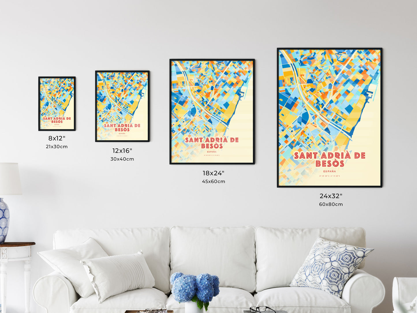 Colorful SANT ADRIÀ DE BESÒS SPAIN Fine Art Map Blue Orange