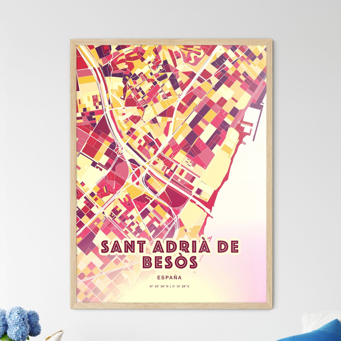 Colorful SANT ADRIÀ DE BESÒS SPAIN Fine Art Map Hot Red