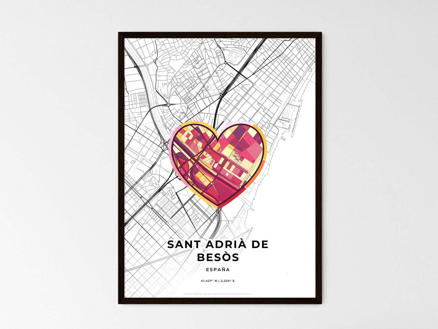 Sant Adrià De Besòs Spain wedding art map with heart icon
