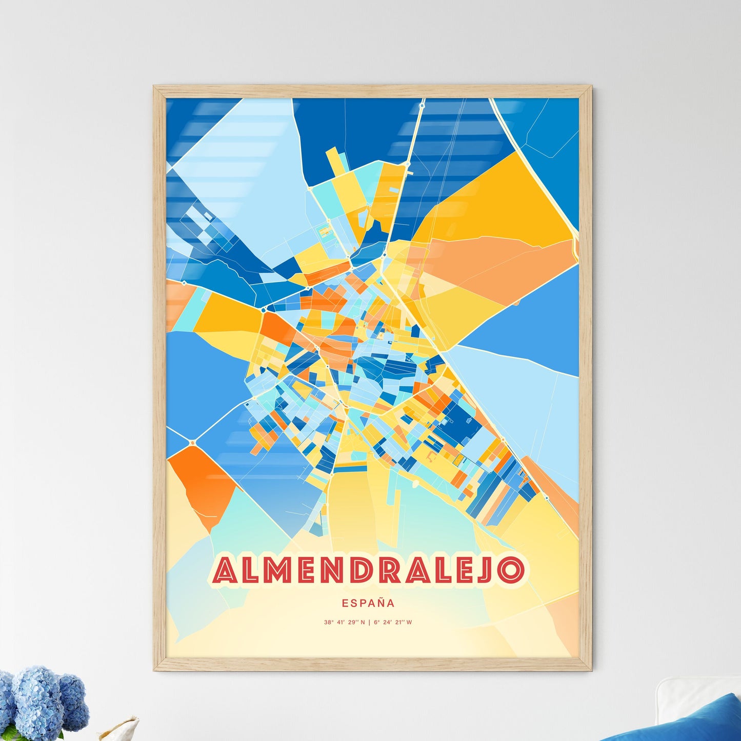 Colorful ALMENDRALEJO SPAIN Fine Art Map Blue Orange