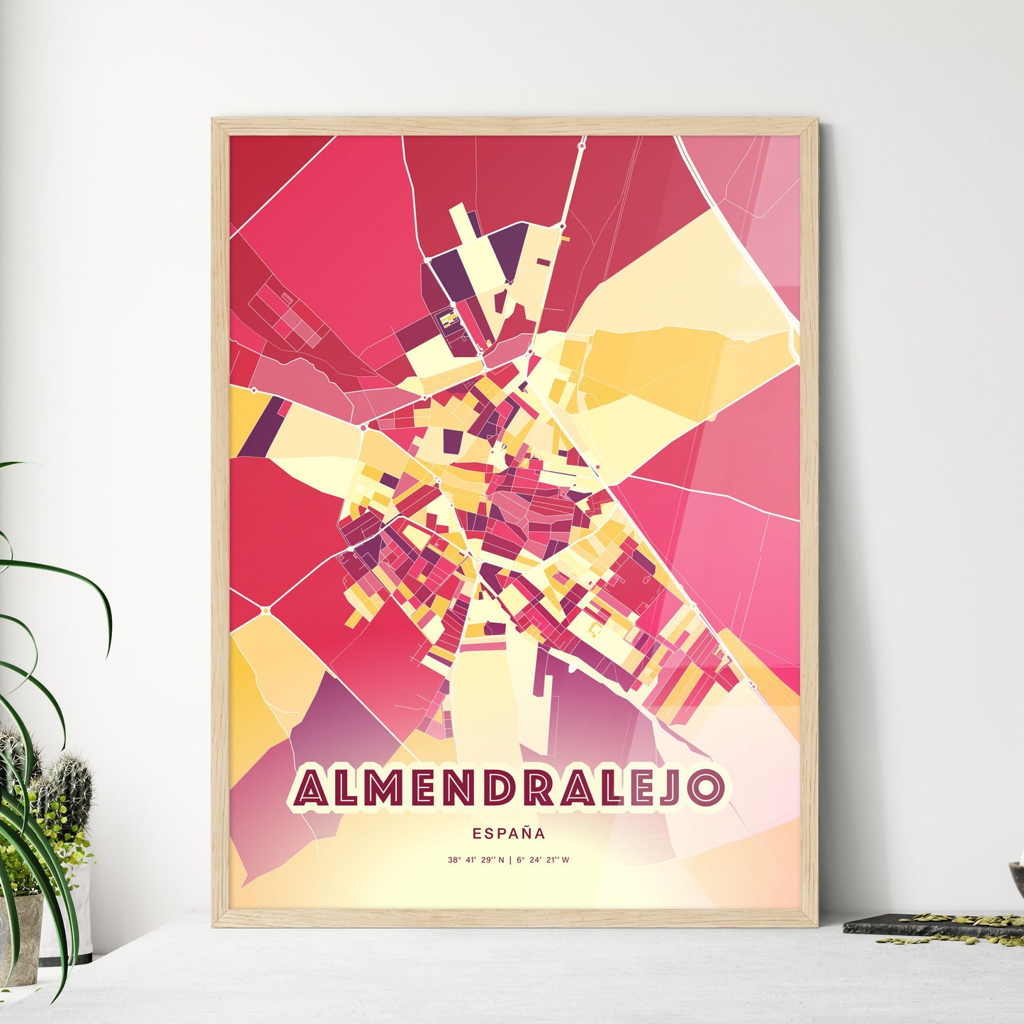 Colorful ALMENDRALEJO SPAIN Fine Art Map Hot Red