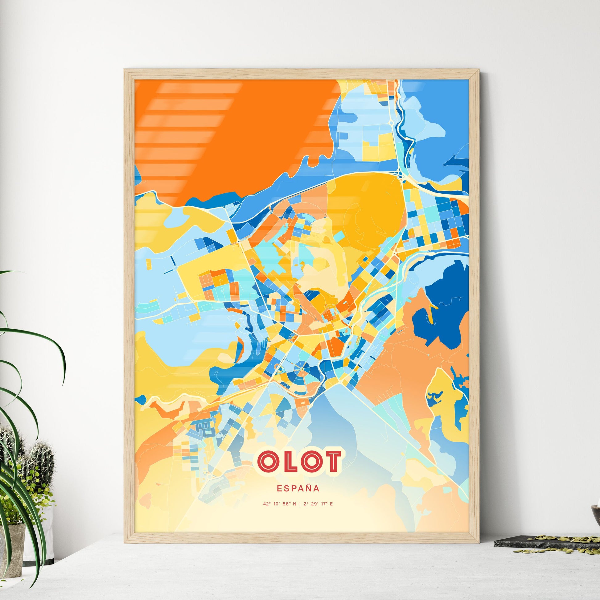 Colorful OLOT SPAIN Fine Art Map Blue Orange