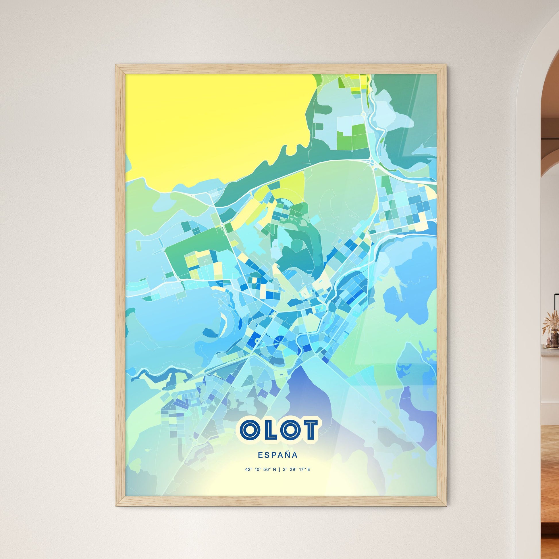 Colorful OLOT SPAIN Fine Art Map Cool Blue