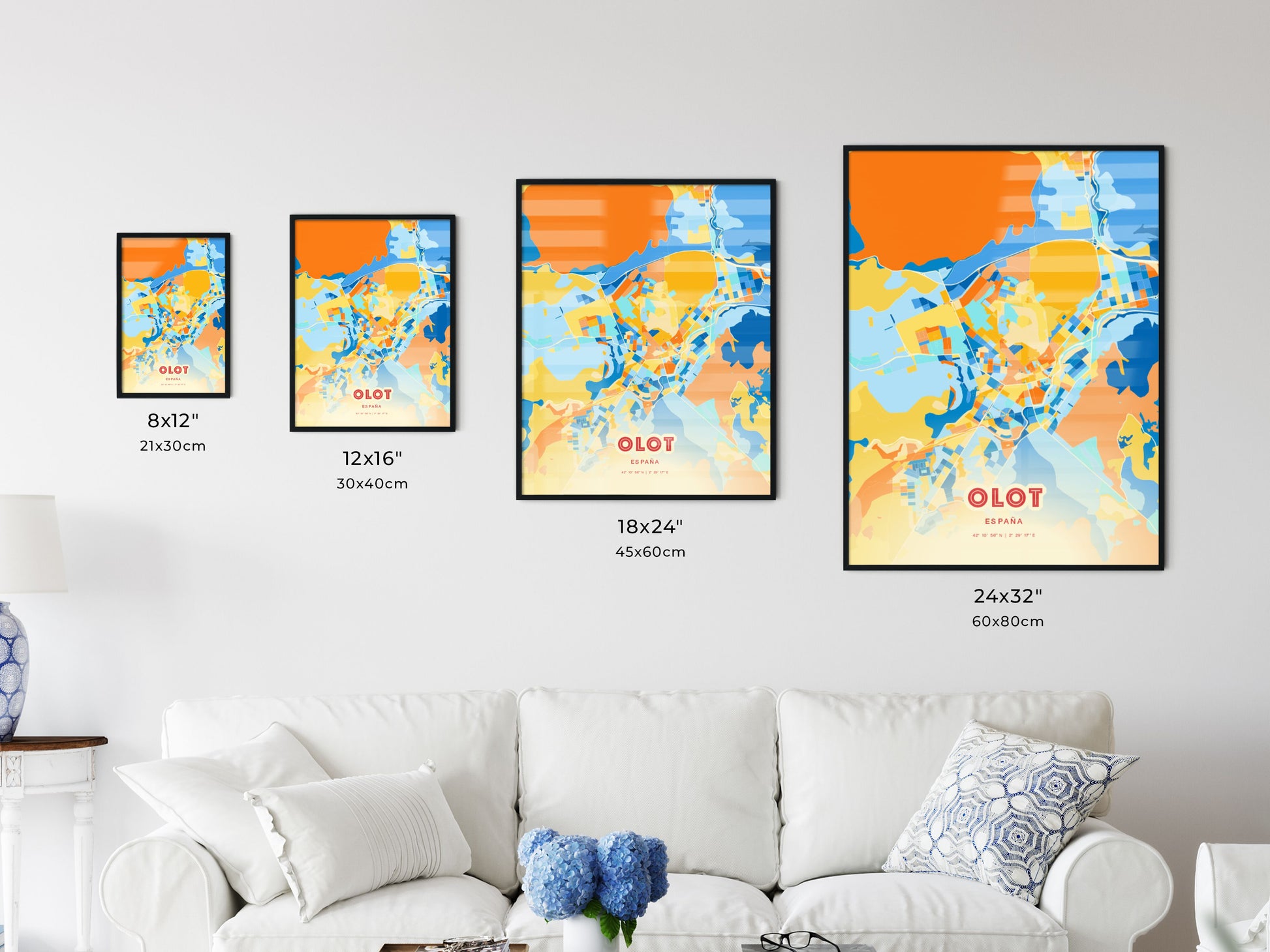 Colorful OLOT SPAIN Fine Art Map Blue Orange