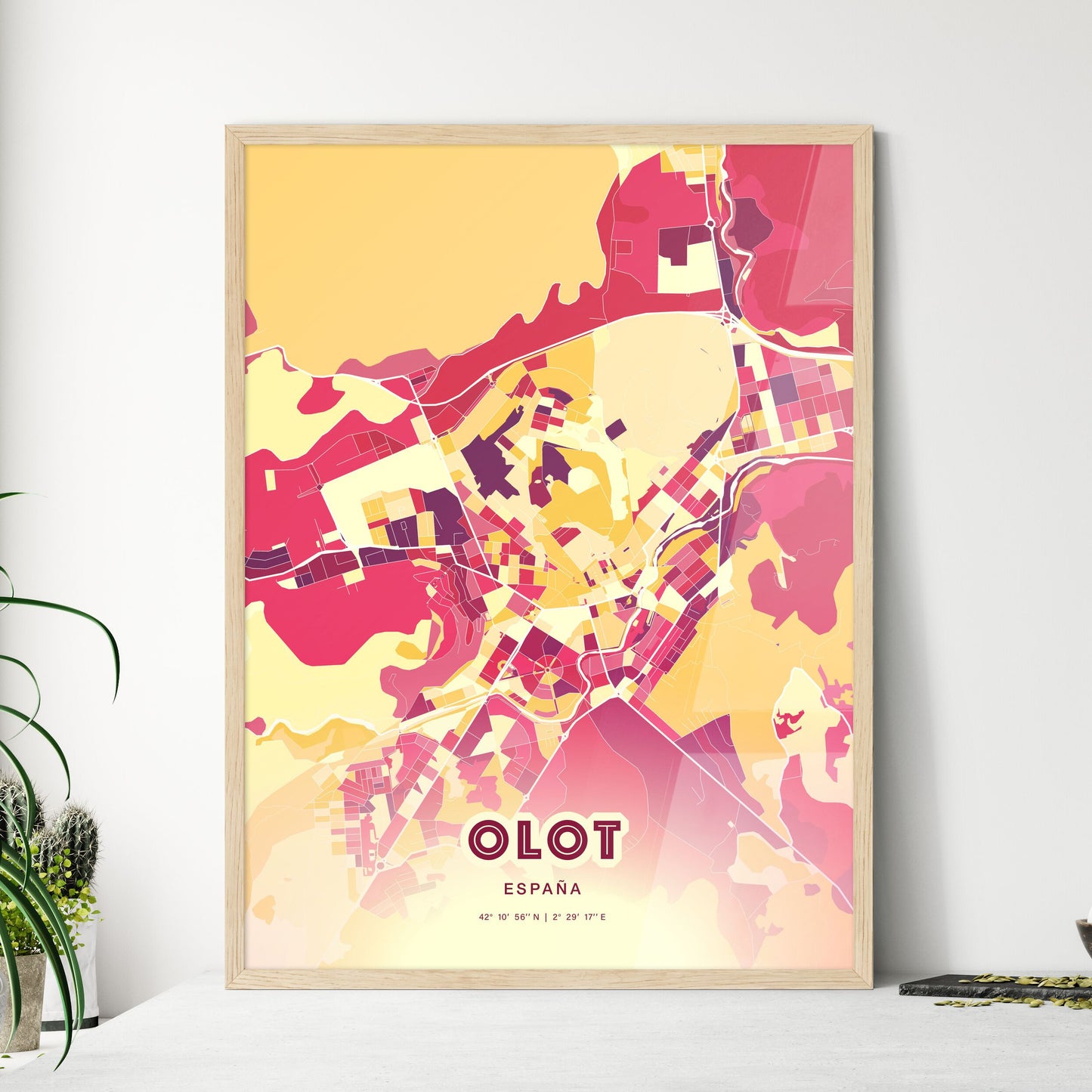 Colorful OLOT SPAIN Fine Art Map Hot Red