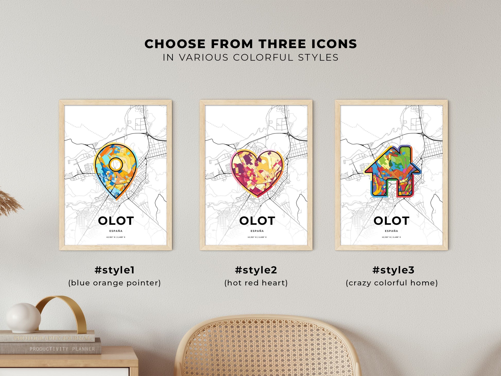 Olot Spain maps with colorful icons