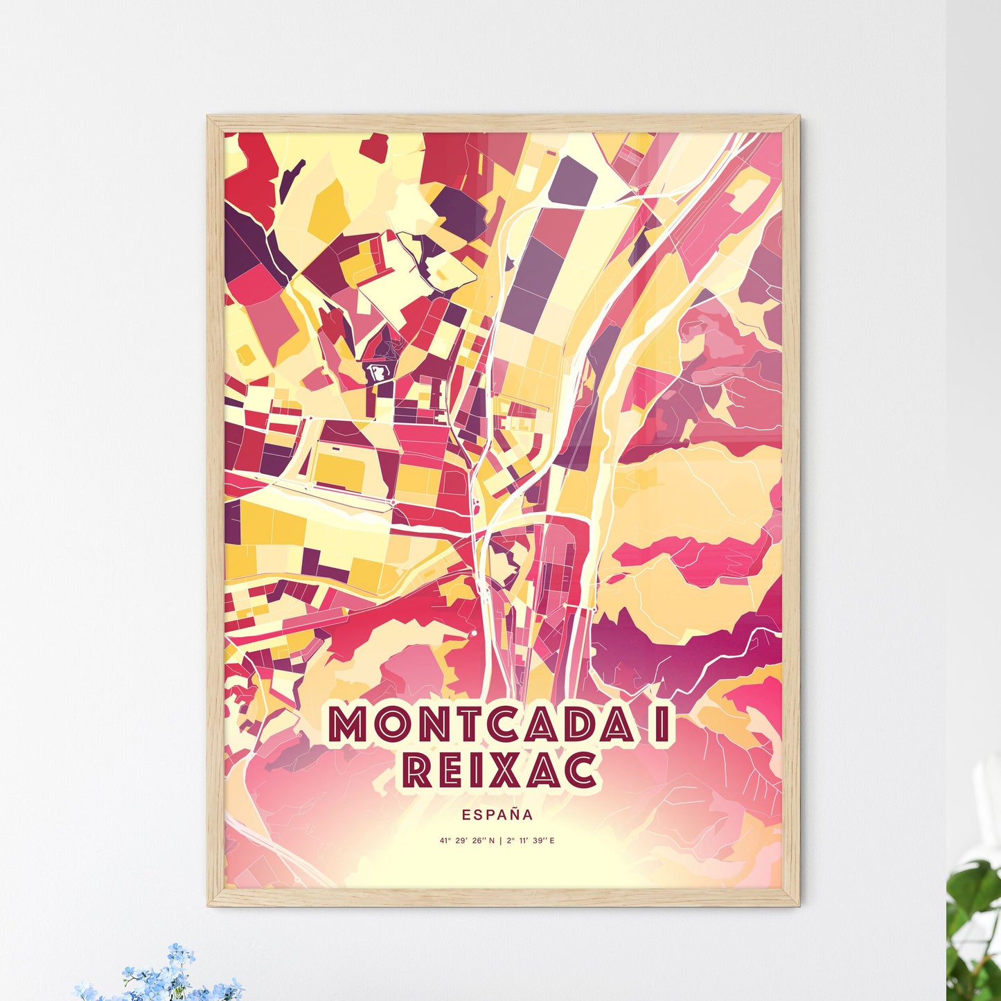 Colorful MONTCADA I REIXAC SPAIN Fine Art Map Hot Red