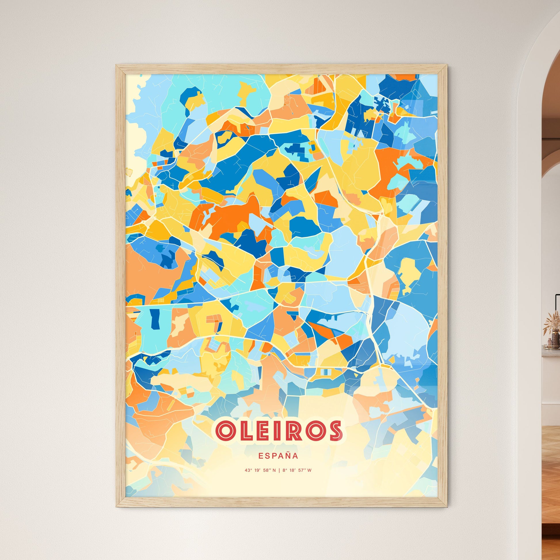 Colorful OLEIROS SPAIN Fine Art Map Blue Orange