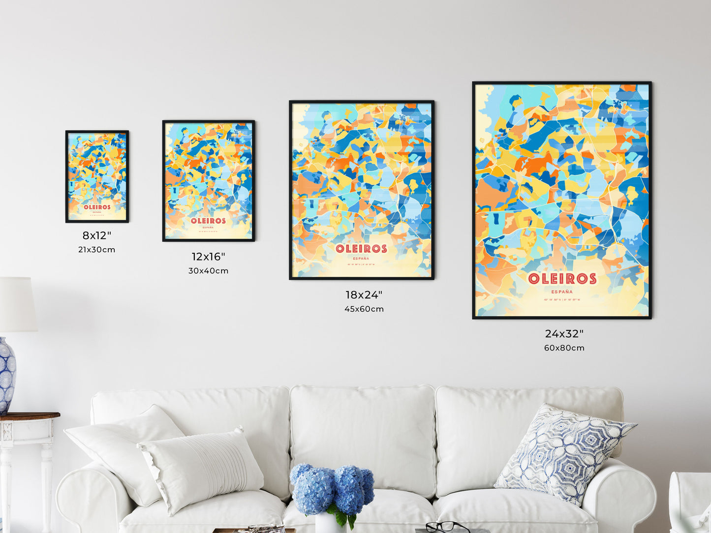 Colorful OLEIROS SPAIN Fine Art Map Blue Orange