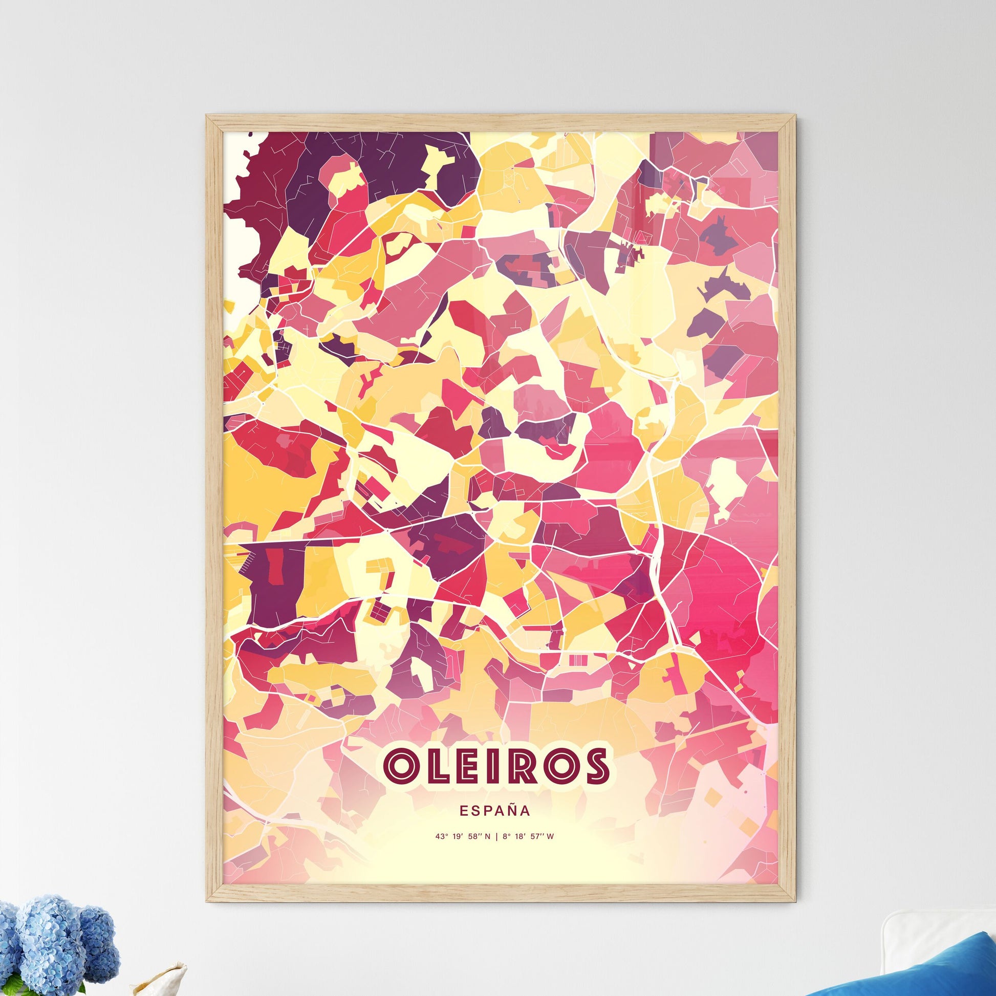 Colorful OLEIROS SPAIN Fine Art Map Hot Red