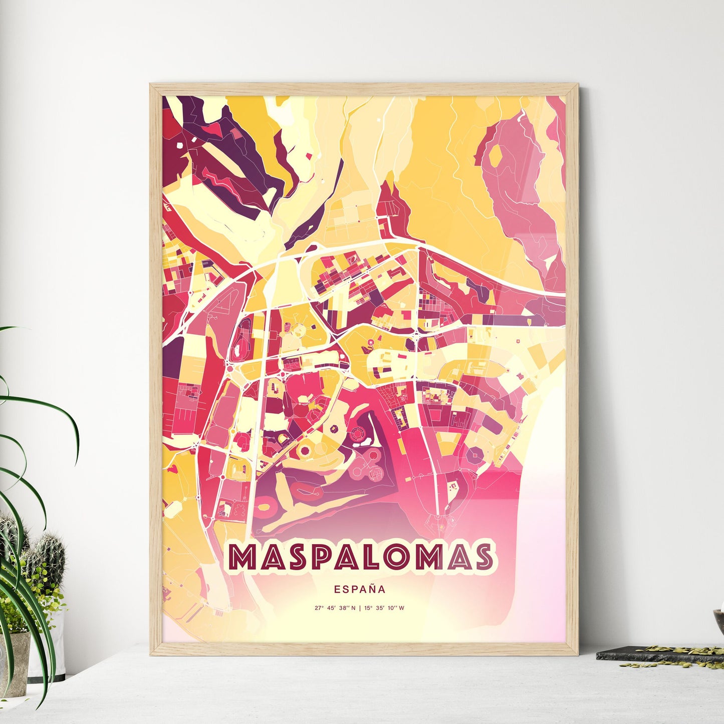 Colorful MASPALOMAS SPAIN Fine Art Map Hot Red