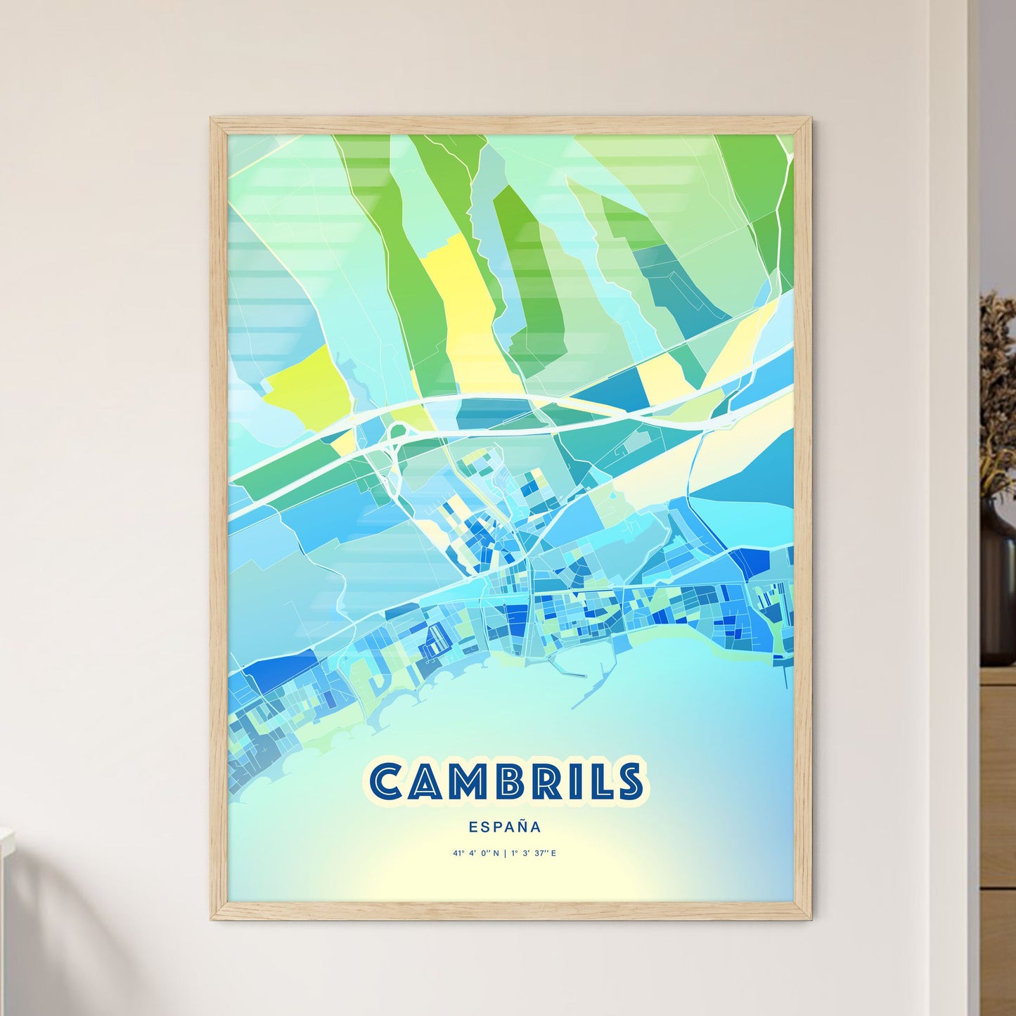 Colorful CAMBRILS SPAIN Fine Art Map Cool Blue