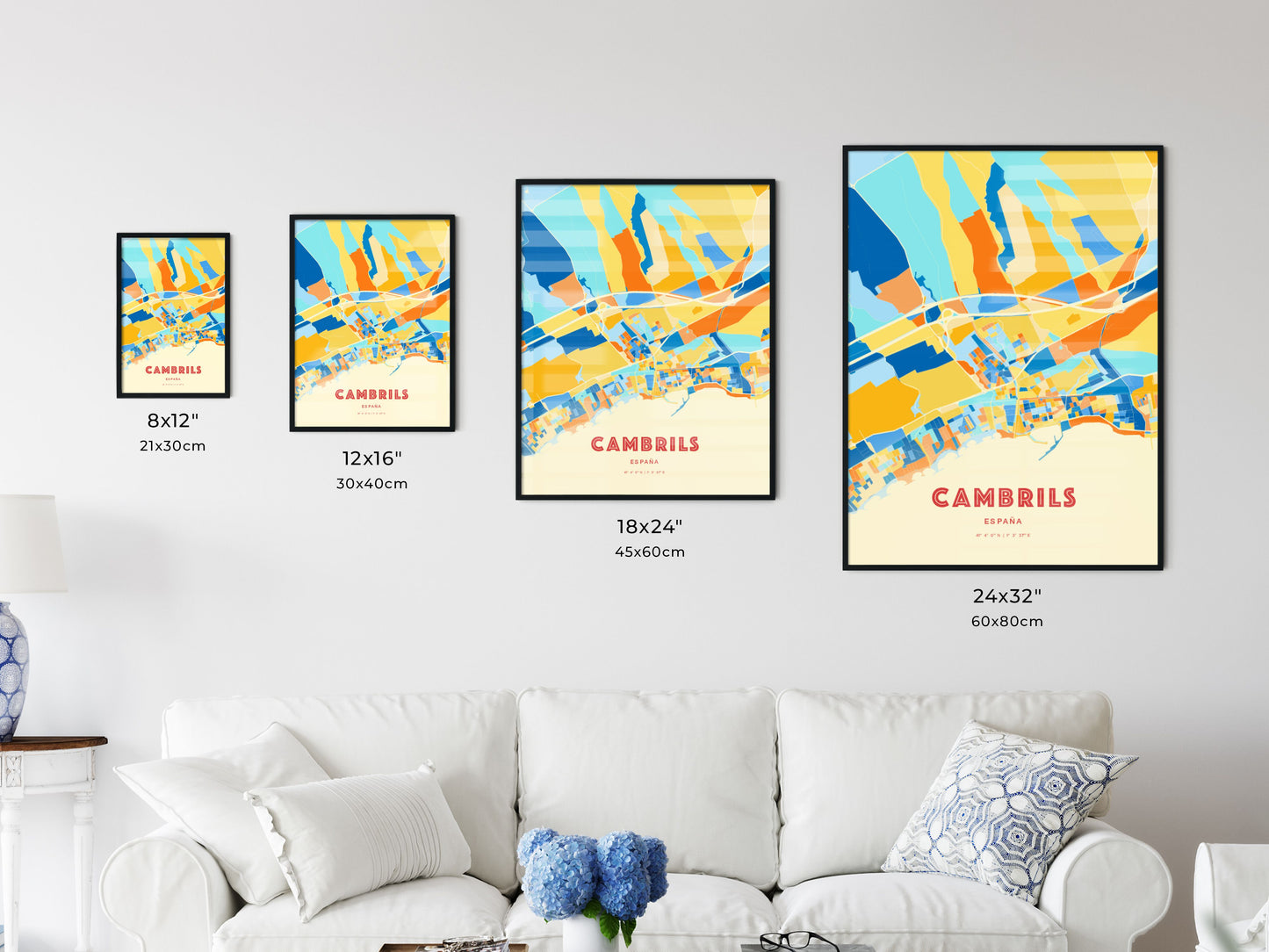 Colorful CAMBRILS SPAIN Fine Art Map Blue Orange