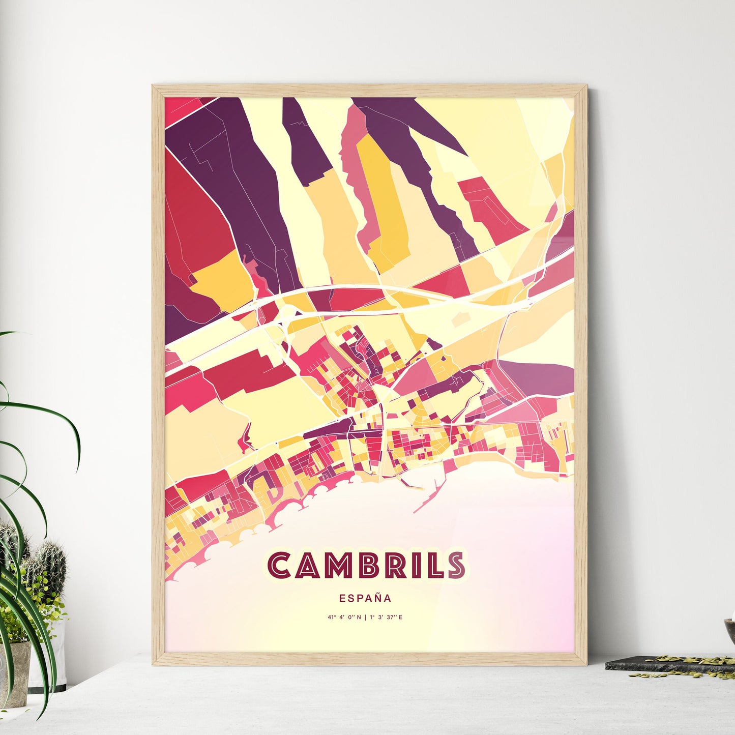 Colorful CAMBRILS SPAIN Fine Art Map Hot Red