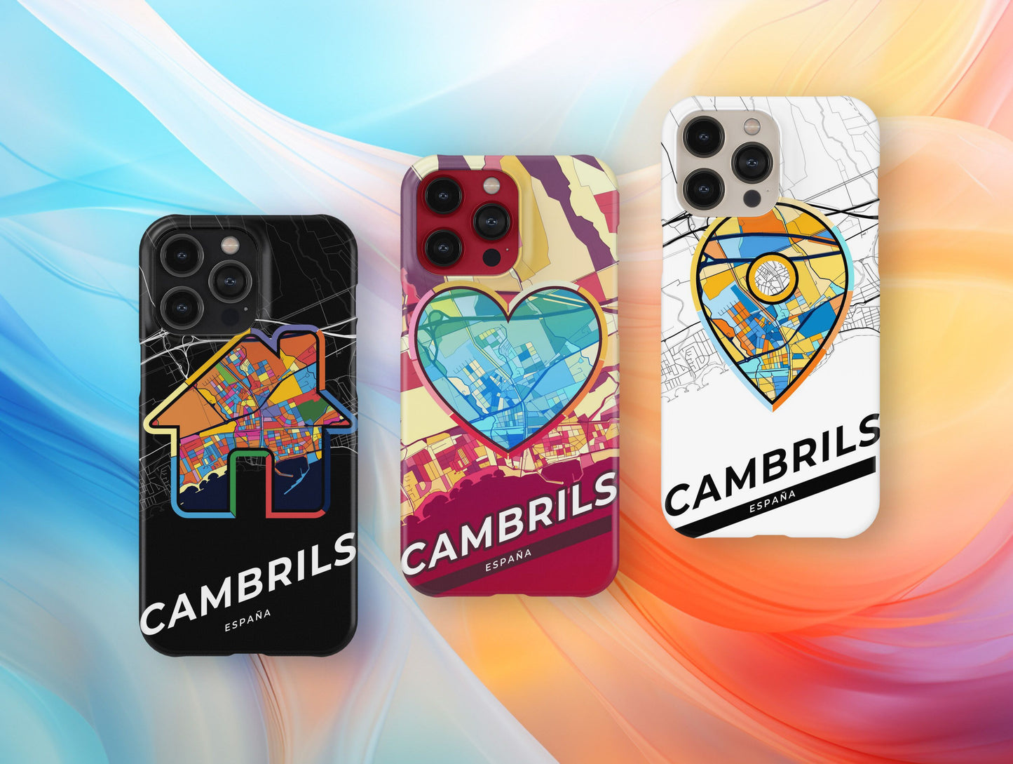 Cambrils Spain slim phone case with colorful icon. Birthday, wedding or housewarming gift. Couple match cases.
