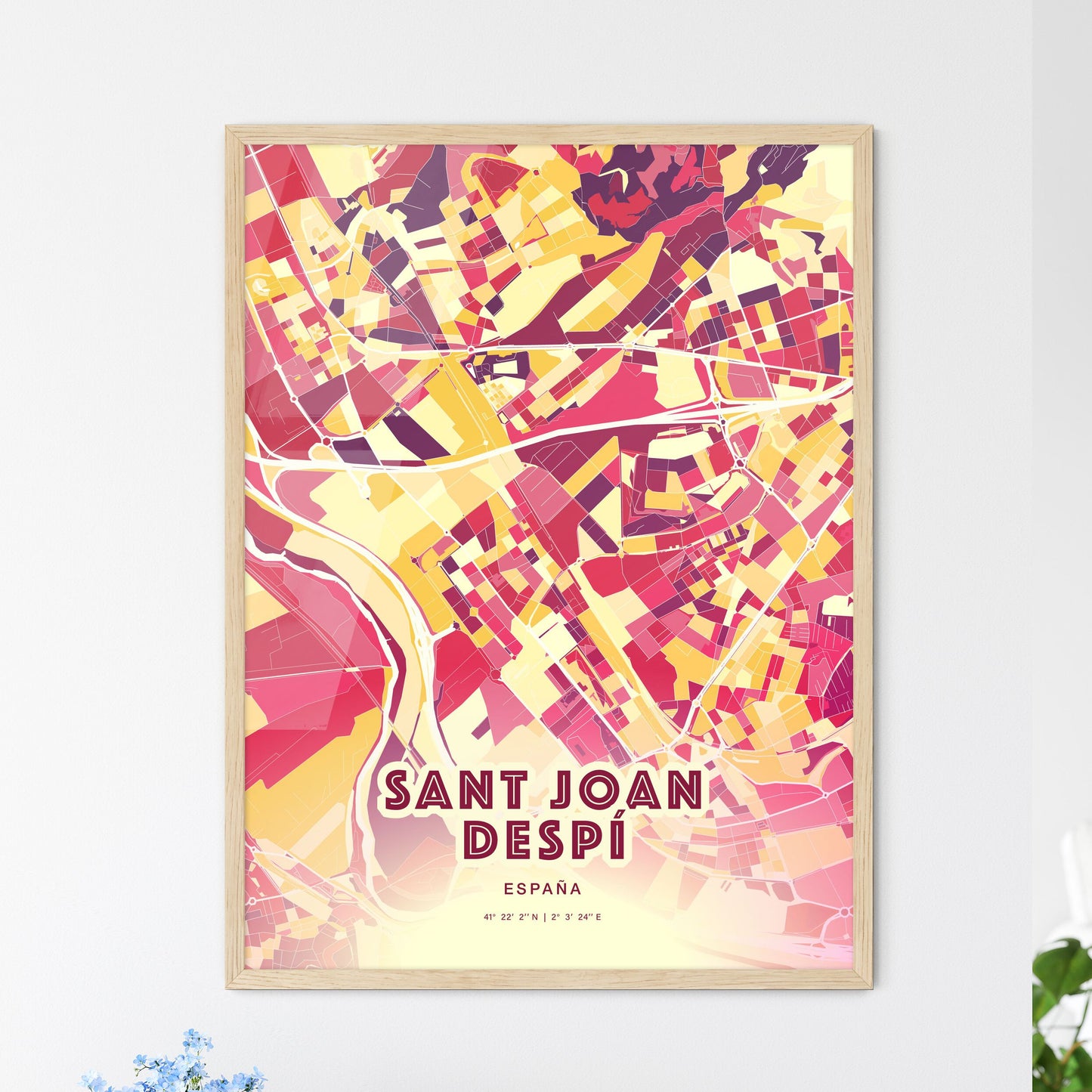 Colorful SANT JOAN DESPÍ SPAIN Fine Art Map Hot Red