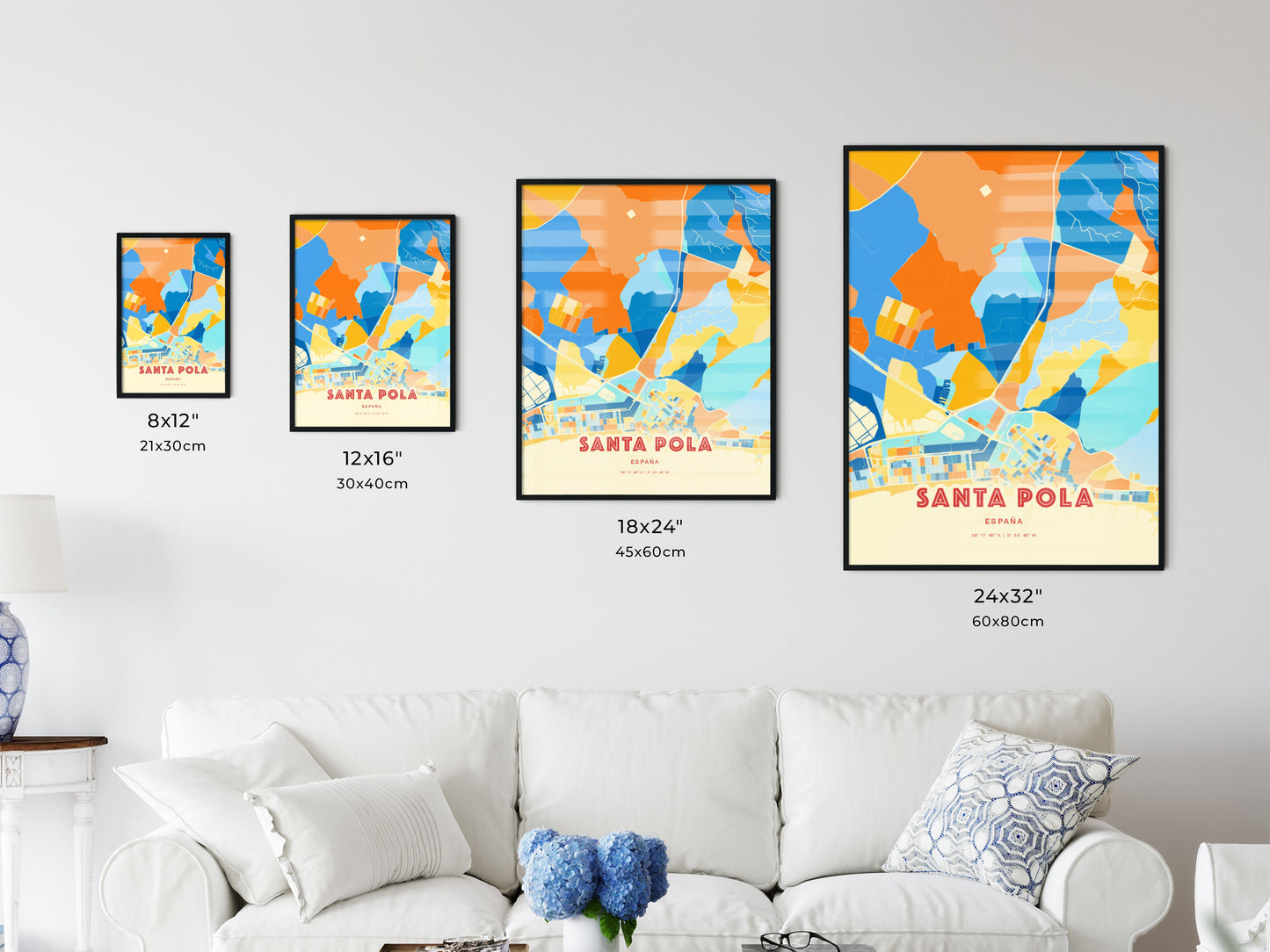 Colorful SANTA POLA SPAIN Fine Art Map Blue Orange