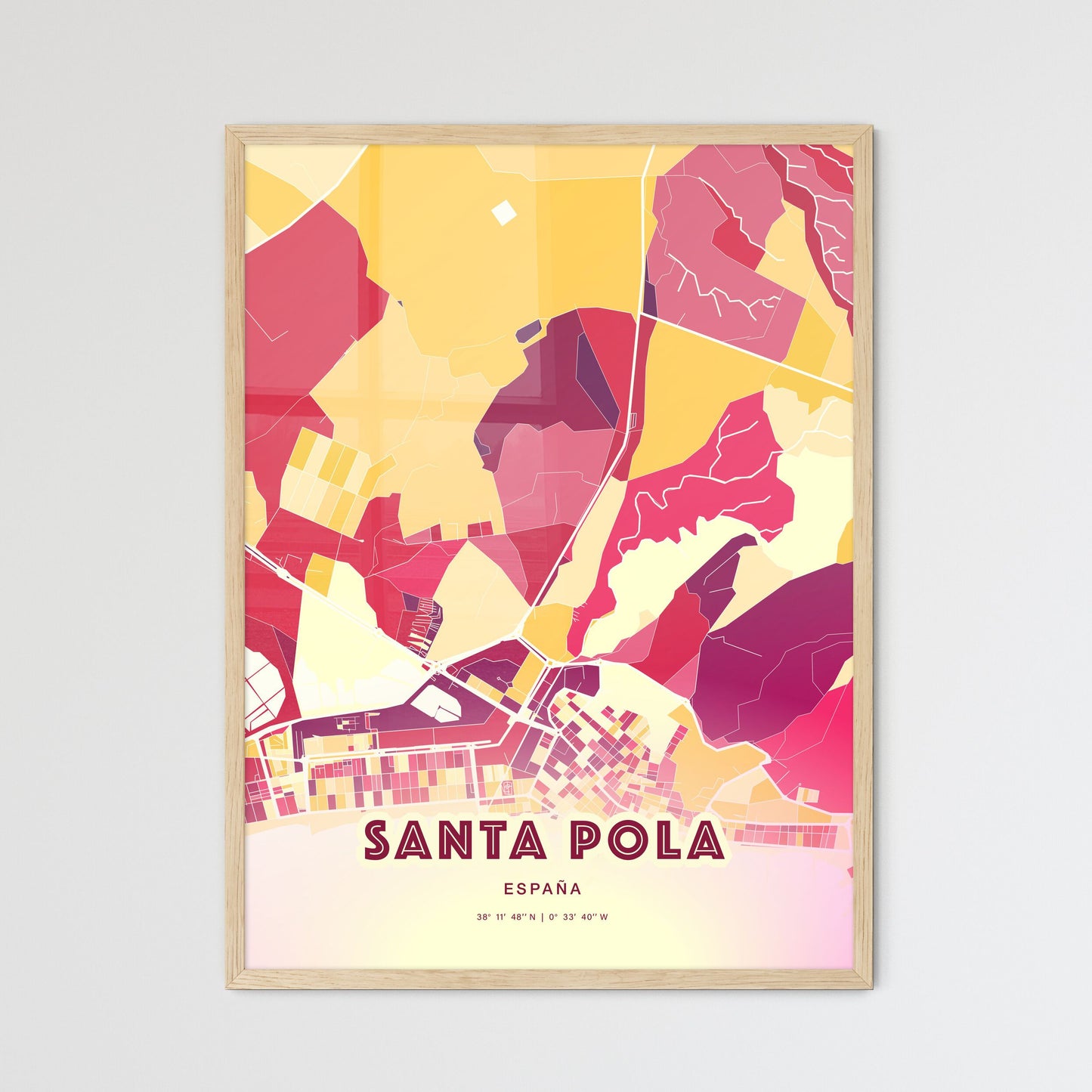 Colorful SANTA POLA SPAIN Fine Art Map Hot Red