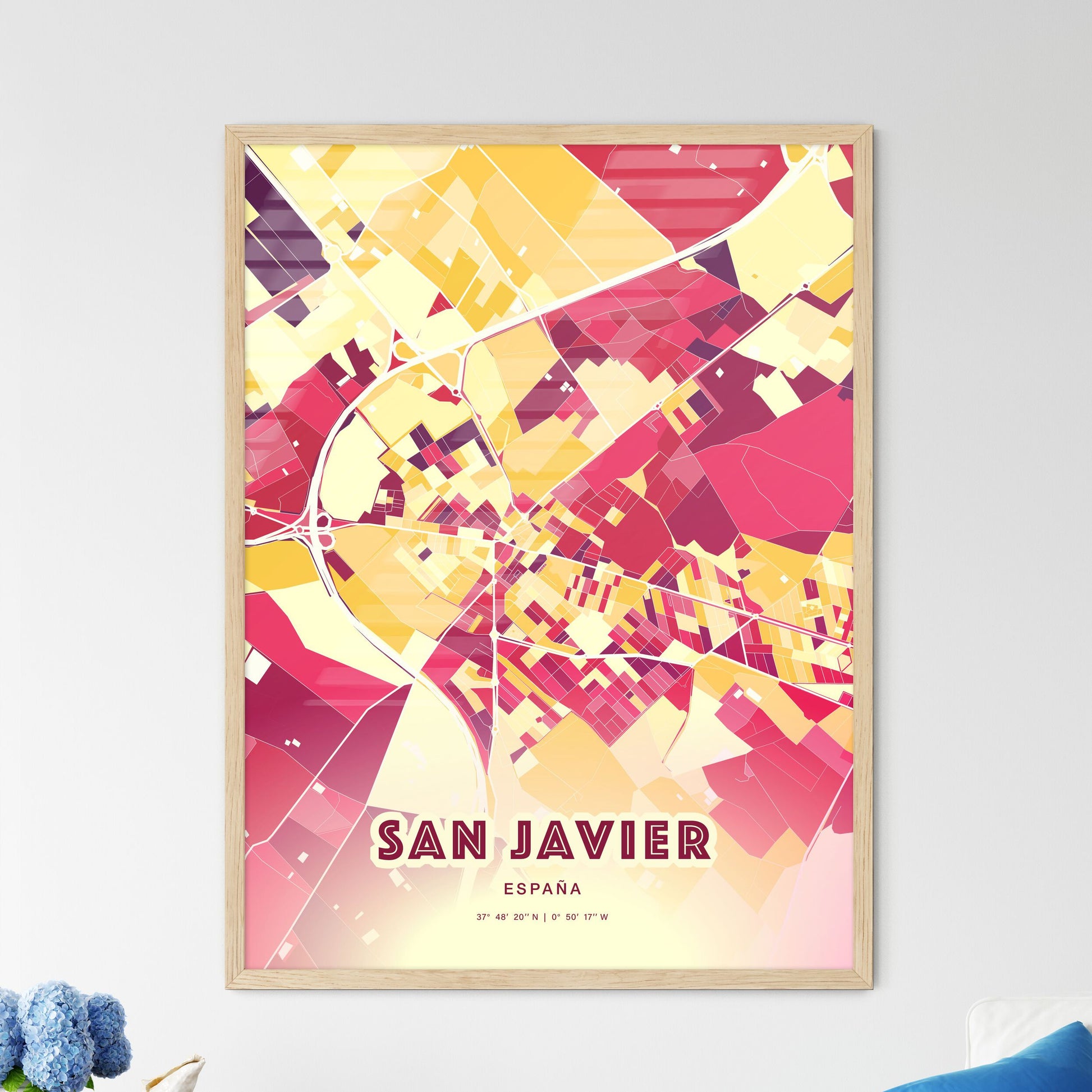 Colorful SAN JAVIER SPAIN Fine Art Map Hot Red