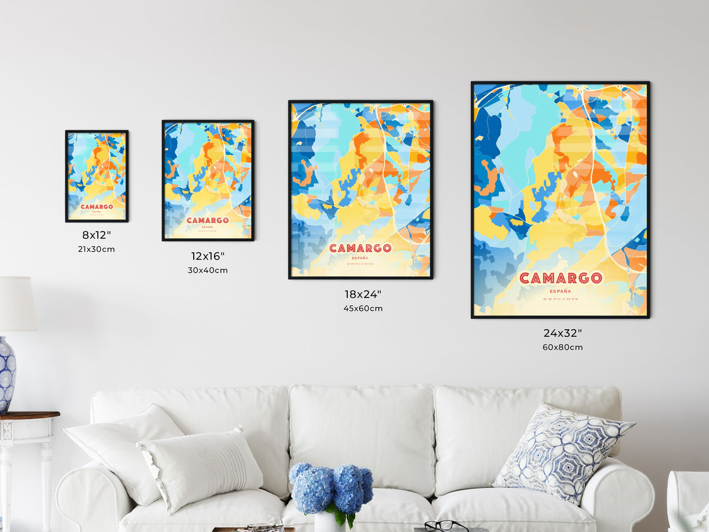 Colorful CAMARGO SPAIN Fine Art Map Blue Orange