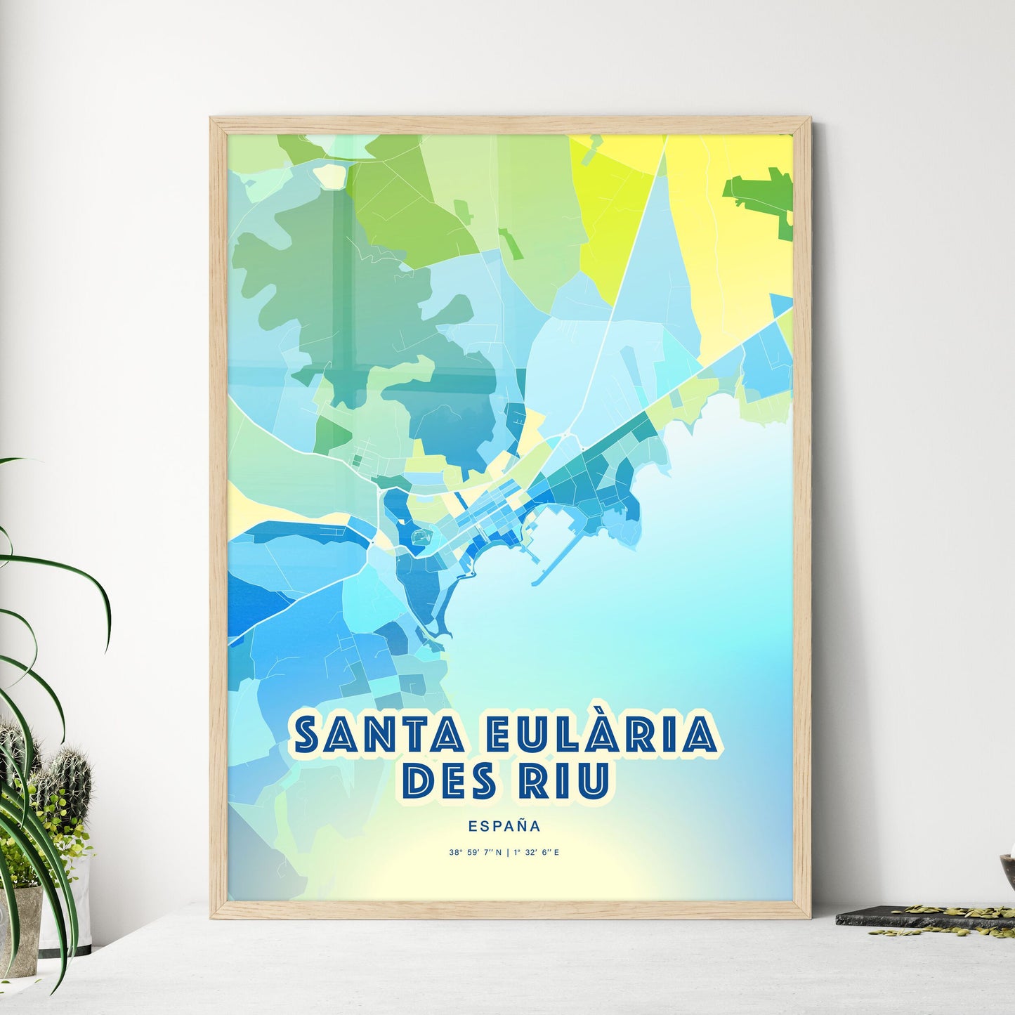 Colorful SANTA EULÀRIA DES RIU SPAIN Fine Art Map Cool Blue