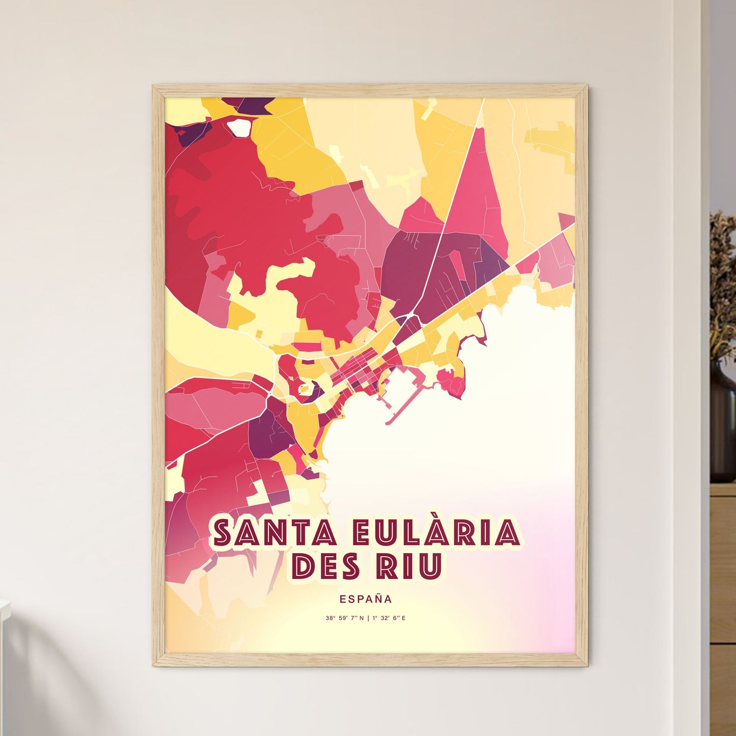 Colorful SANTA EULÀRIA DES RIU SPAIN Fine Art Map Hot Red