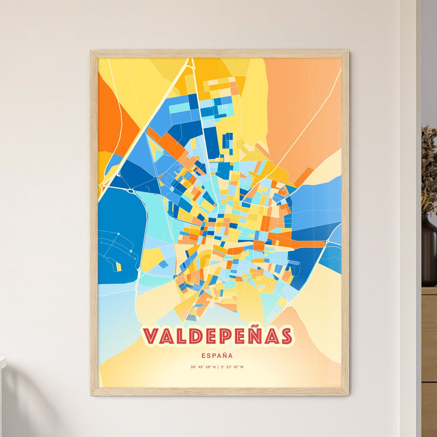 Colorful VALDEPEÑAS SPAIN Fine Art Map Blue Orange