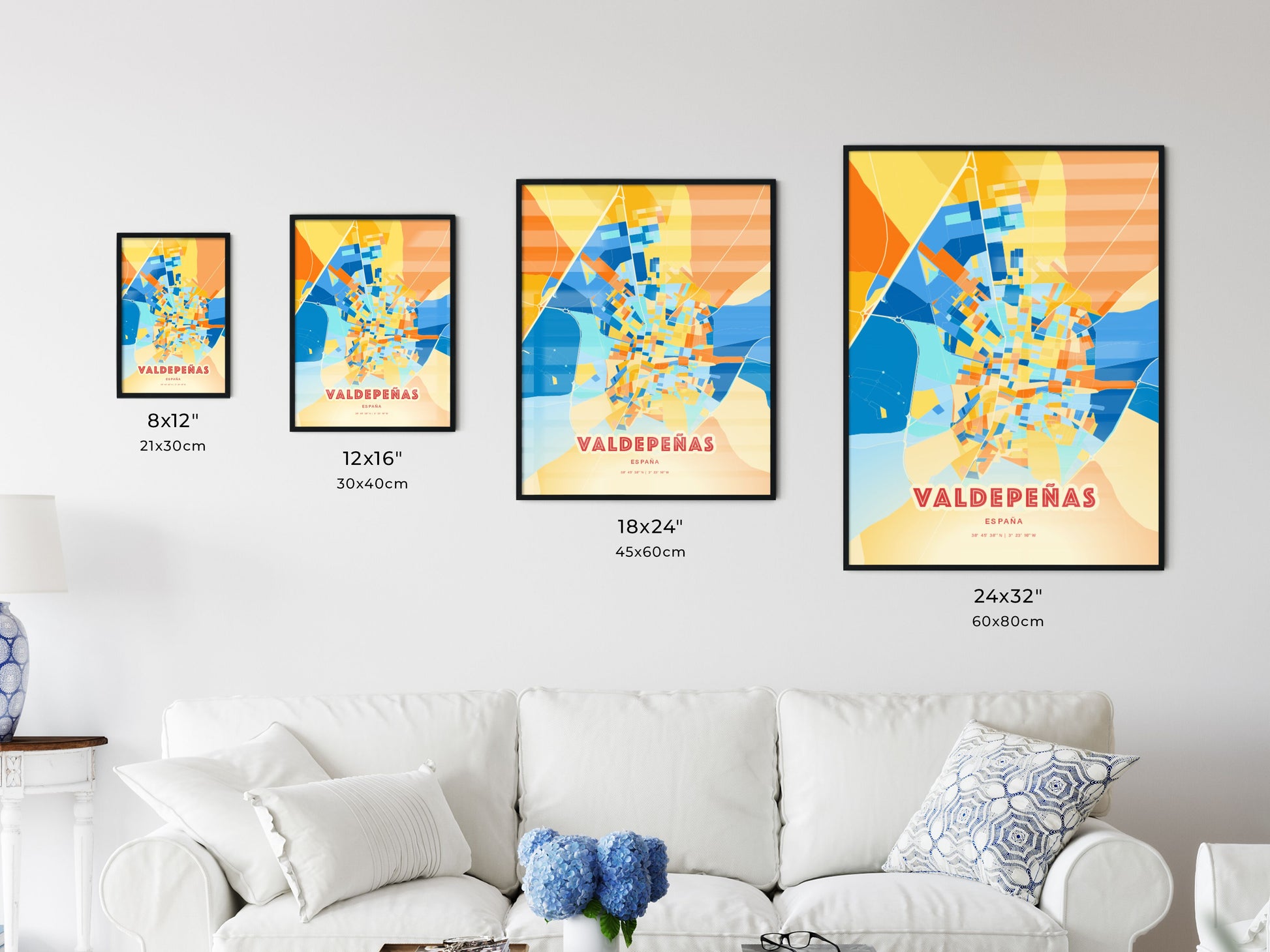 Colorful VALDEPEÑAS SPAIN Fine Art Map Blue Orange