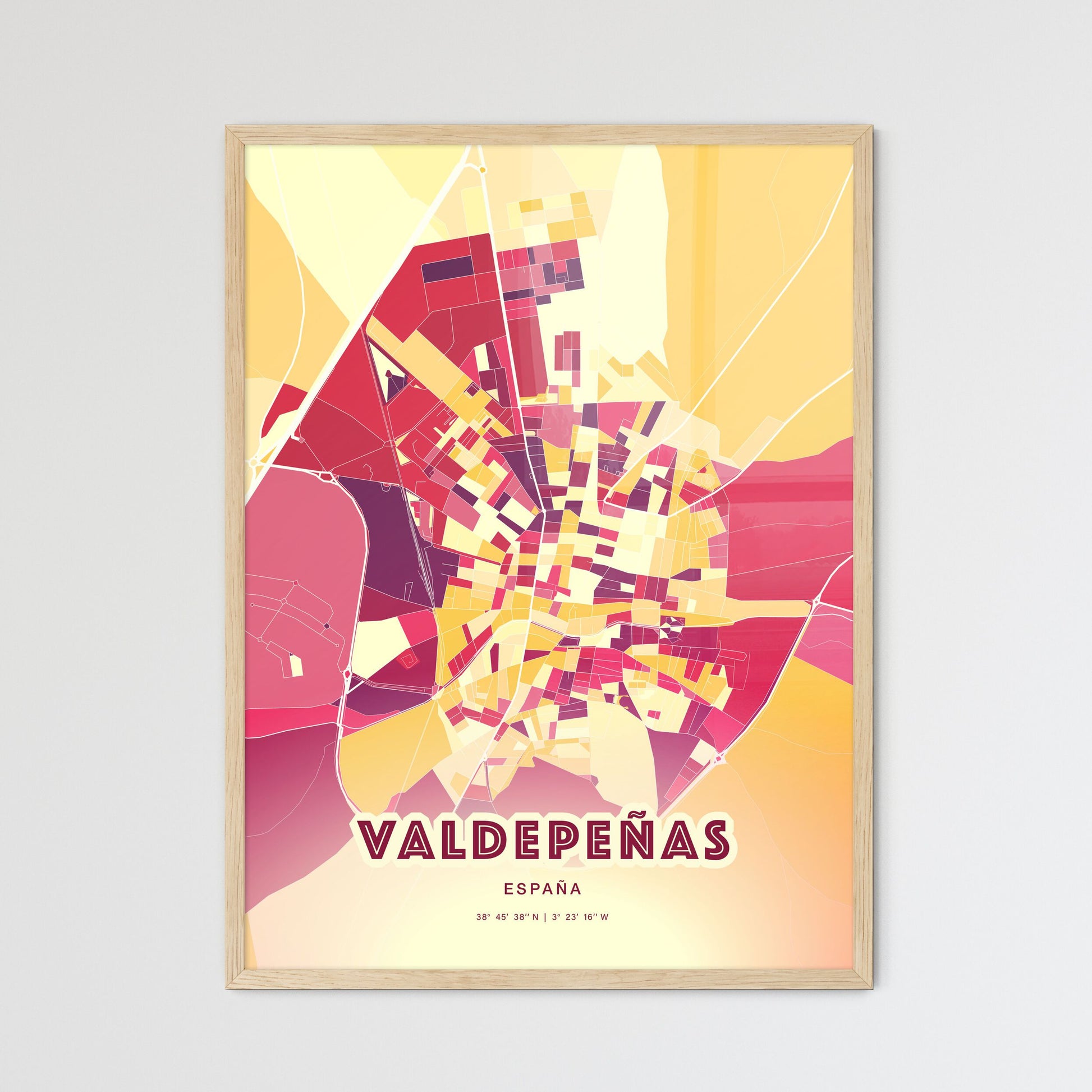 Colorful VALDEPEÑAS SPAIN Fine Art Map Hot Red