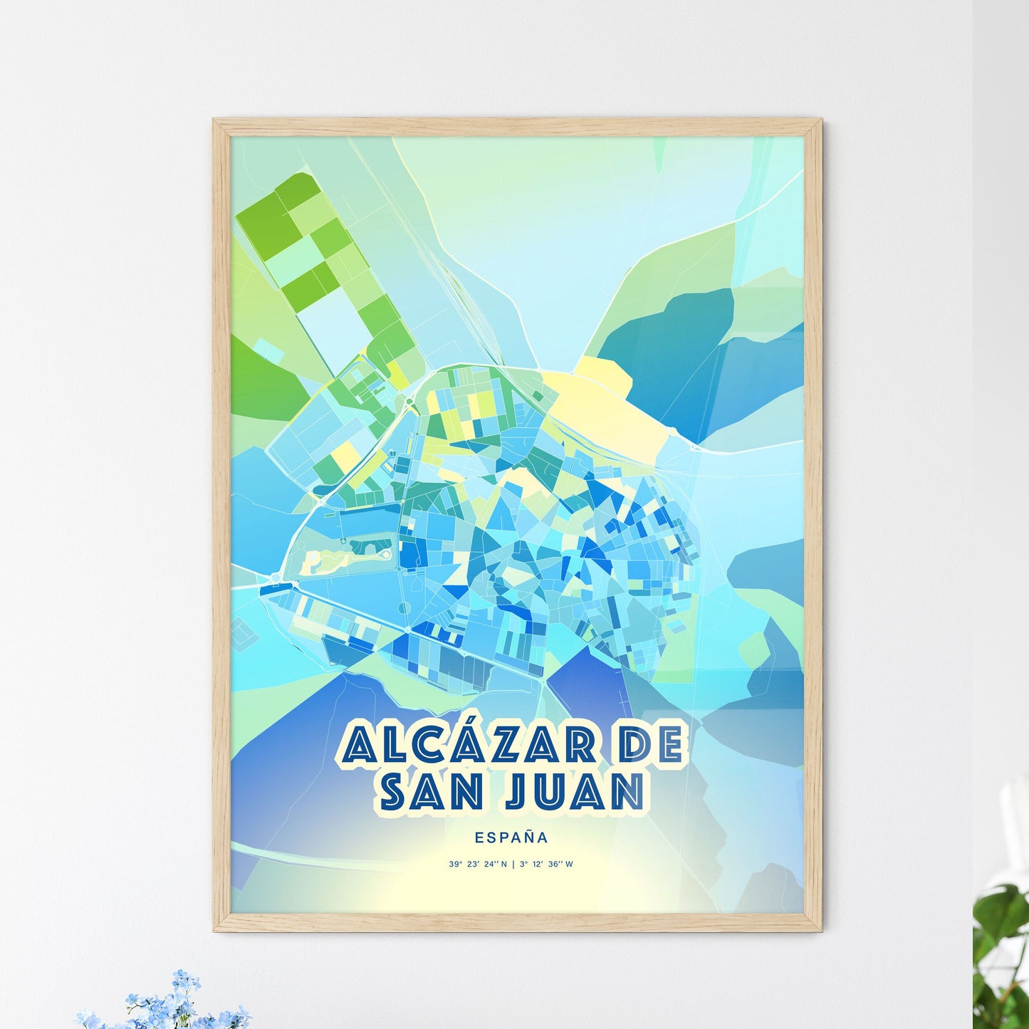 Colorful ALCÁZAR DE SAN JUAN SPAIN Fine Art Map Cool Blue