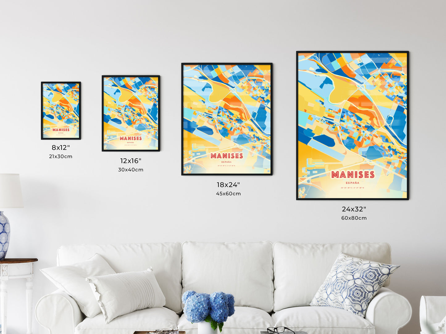 Colorful MANISES SPAIN Fine Art Map Blue Orange