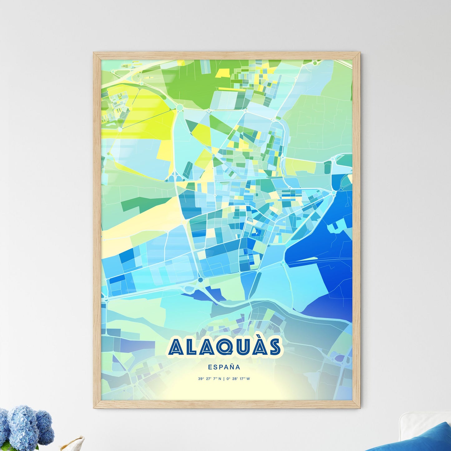 Colorful ALAQUÀS SPAIN Fine Art Map Cool Blue