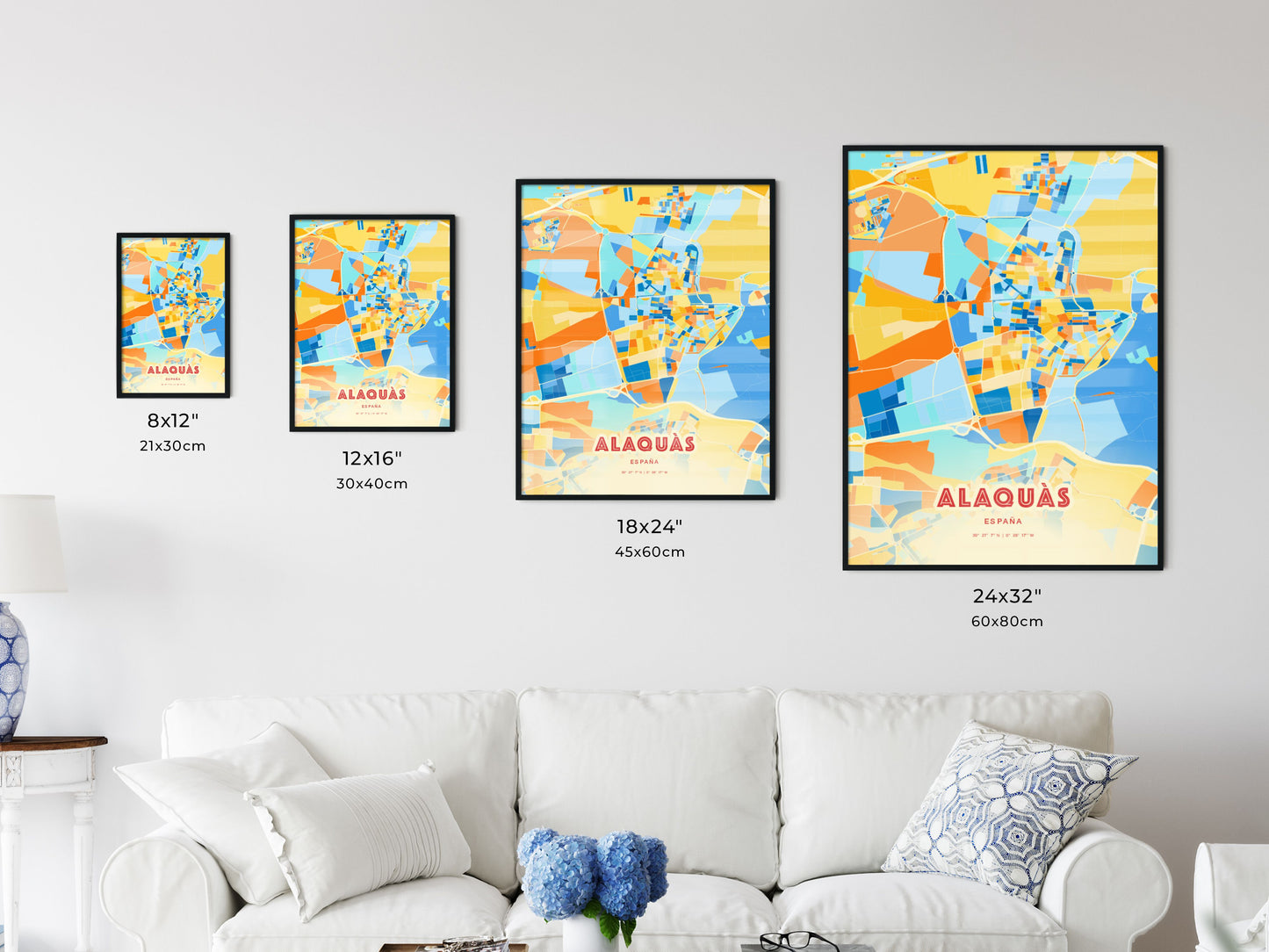 Colorful ALAQUÀS SPAIN Fine Art Map Blue Orange