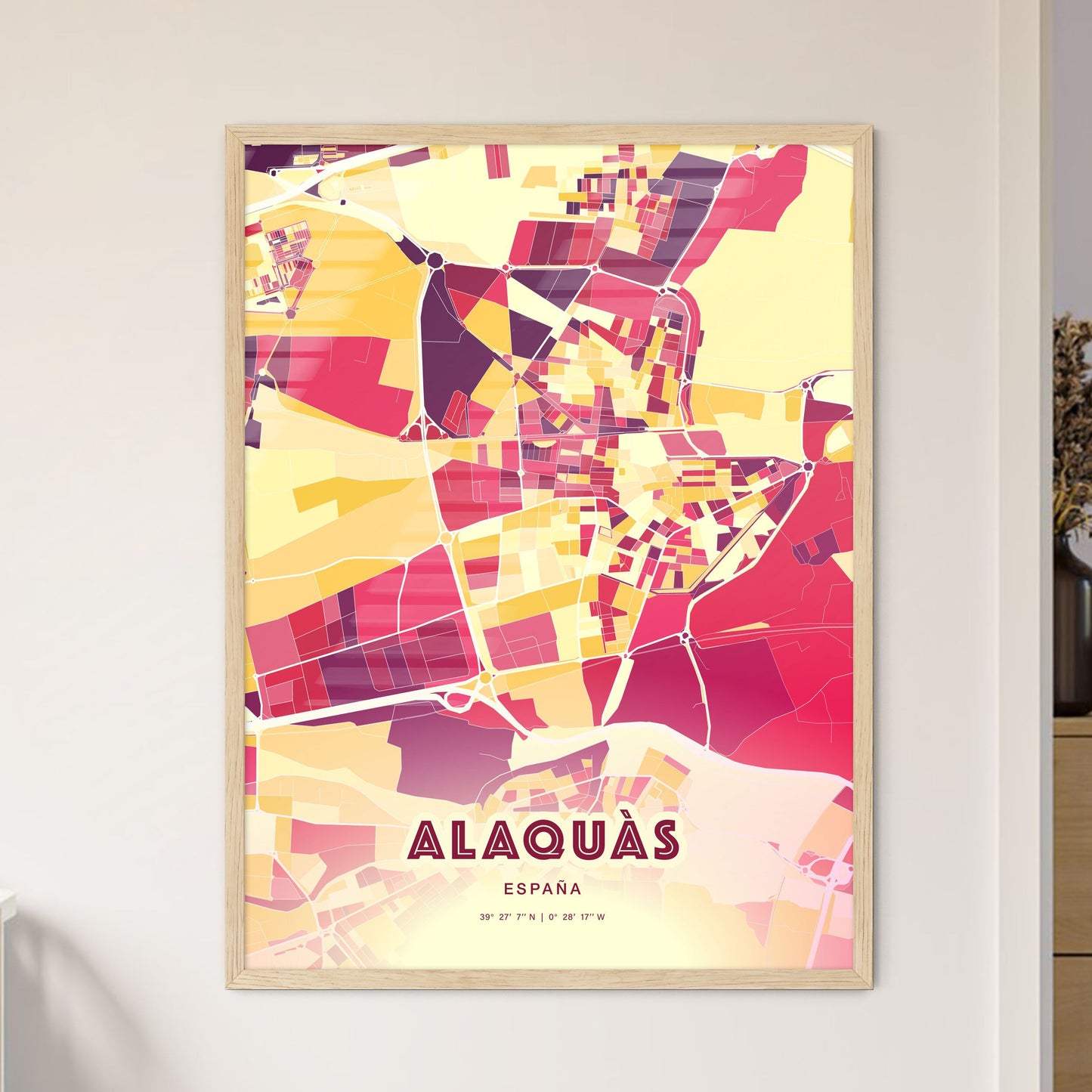 Colorful ALAQUÀS SPAIN Fine Art Map Hot Red