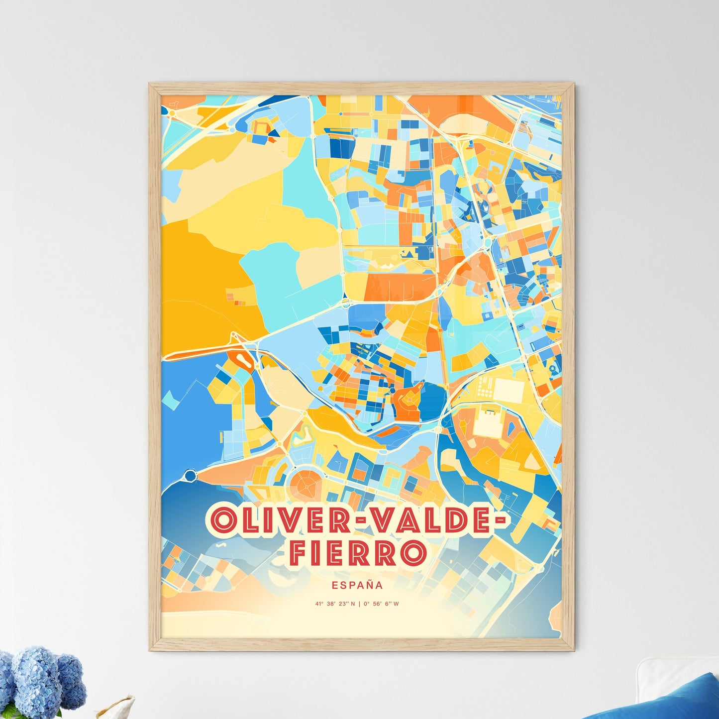 Colorful OLIVER-VALDEFIERRO SPAIN Fine Art Map Blue Orange