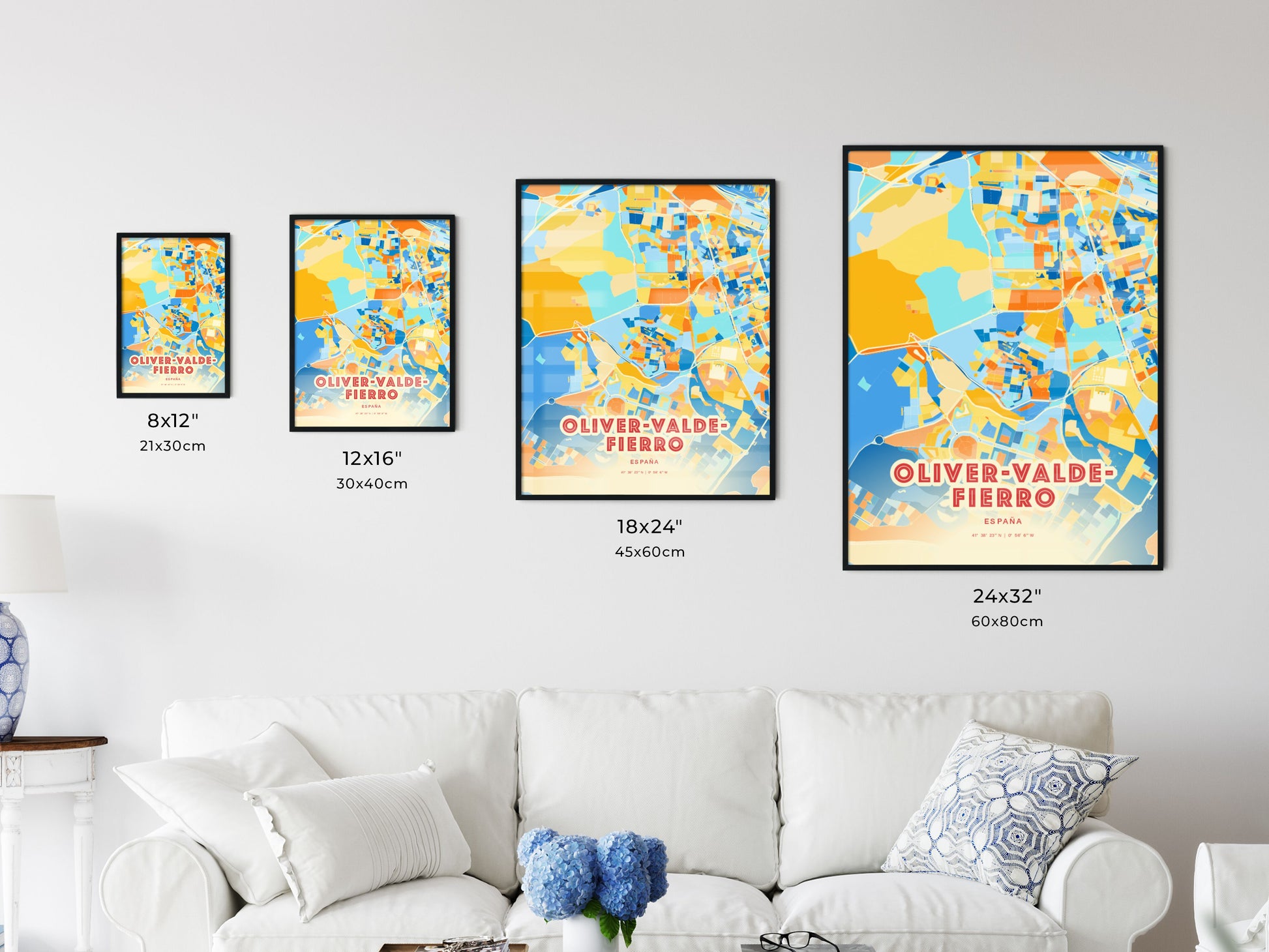 Colorful OLIVER-VALDEFIERRO SPAIN Fine Art Map Blue Orange